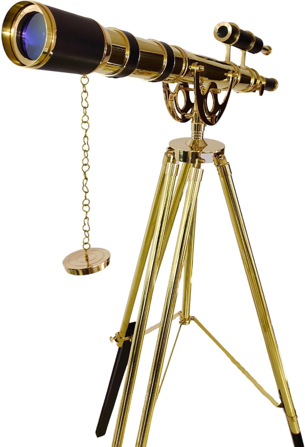 Royal Vintage Floor Standing Brass Telescope with Black Leather and Wooden Tripod