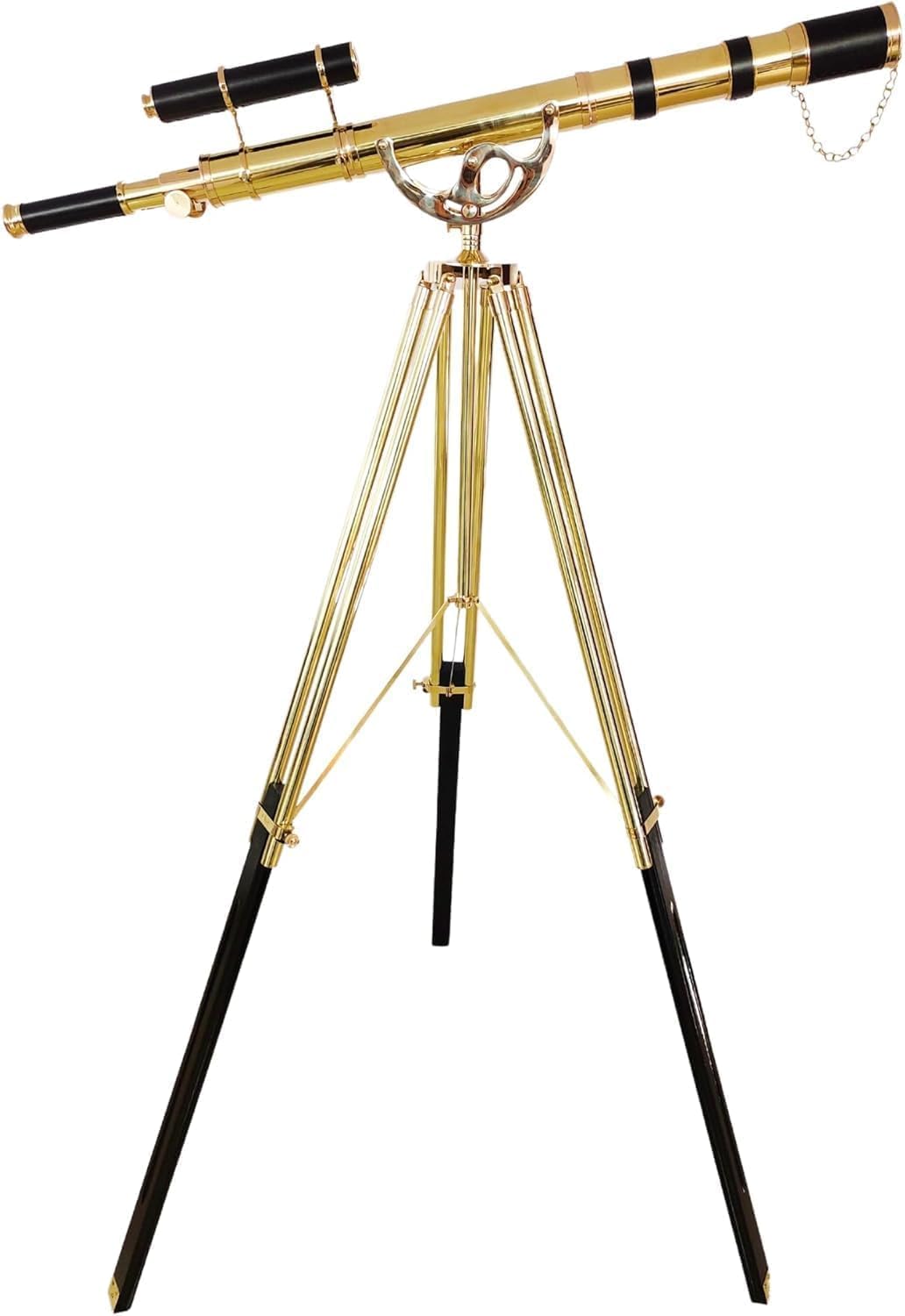 Royal Vintage Floor Standing Brass Telescope with Black Leather and Wooden Tripod