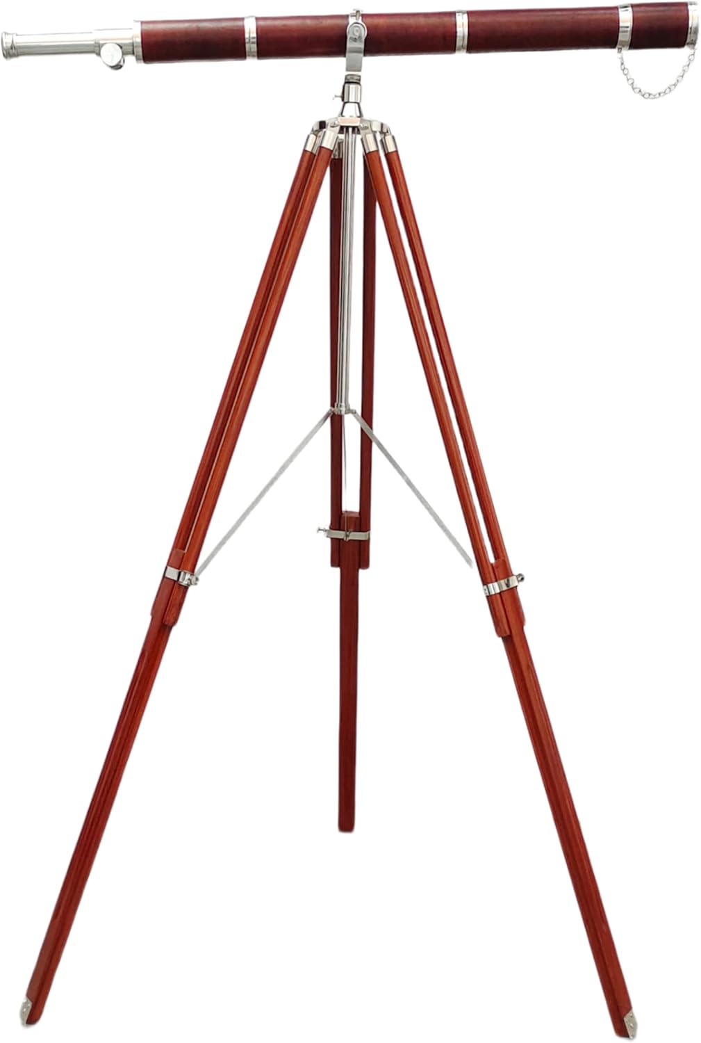 Vintage Nautical Brass Nickel Chrome Telescope with Brown Wooden Tripod