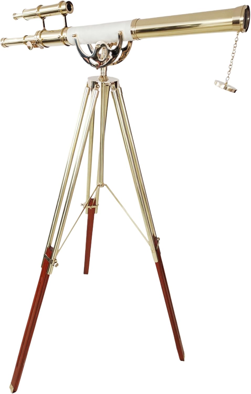 Double Barrel Shiny Brass Vintage Floor Telescope with Wooden Tripod