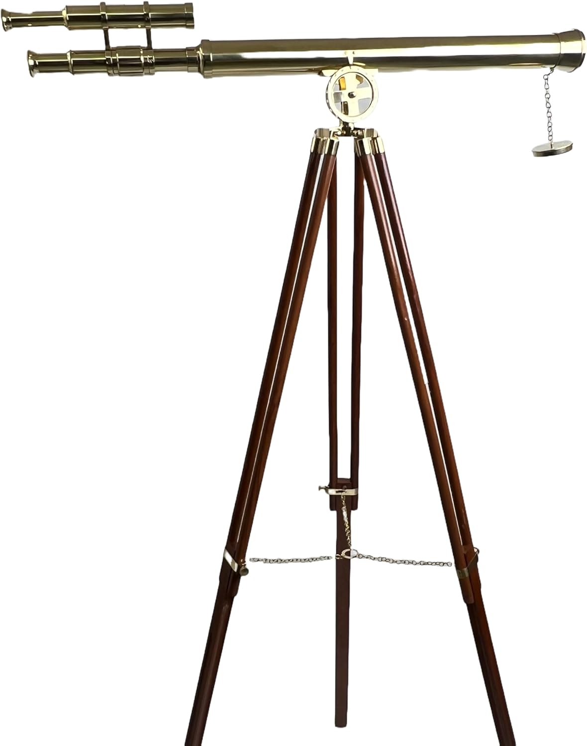 Double Barrel Telescope with Wooden Tripod Stand 32 Inch Brass 10X Magnification 42mm Lens
