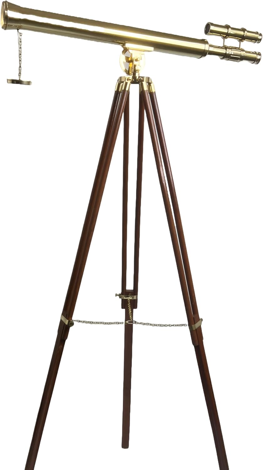Double Barrel Telescope with Wooden Tripod Stand 32 Inch Brass 10X Magnification 42mm Lens
