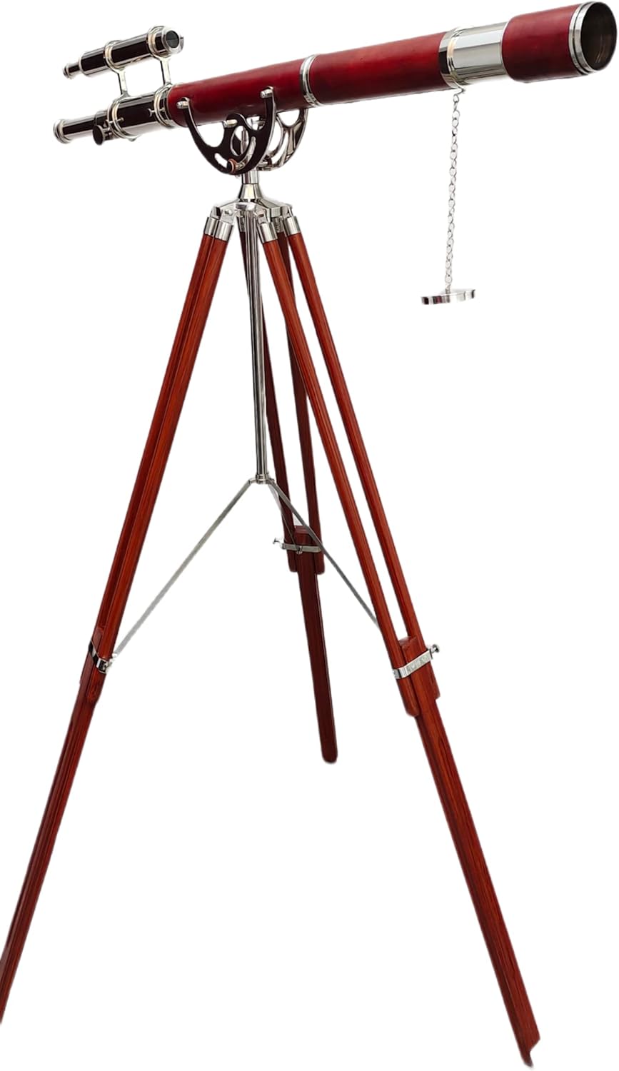 Nautical Vintage Double Barrel Telescope with Brass Mount and Brown Wooden Tripod