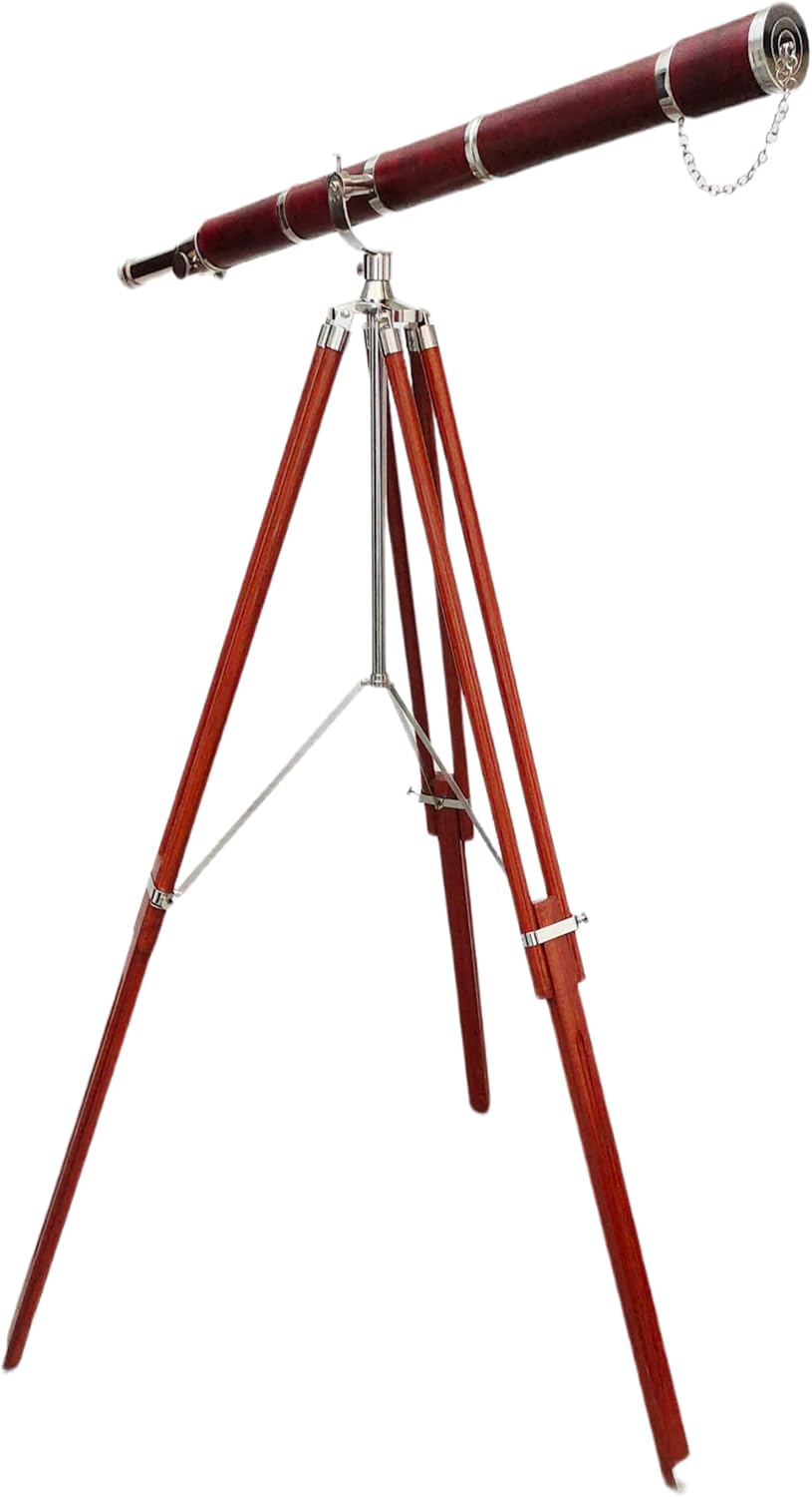 Vintage Nautical Brass Nickel Chrome Telescope with Brown Wooden Tripod