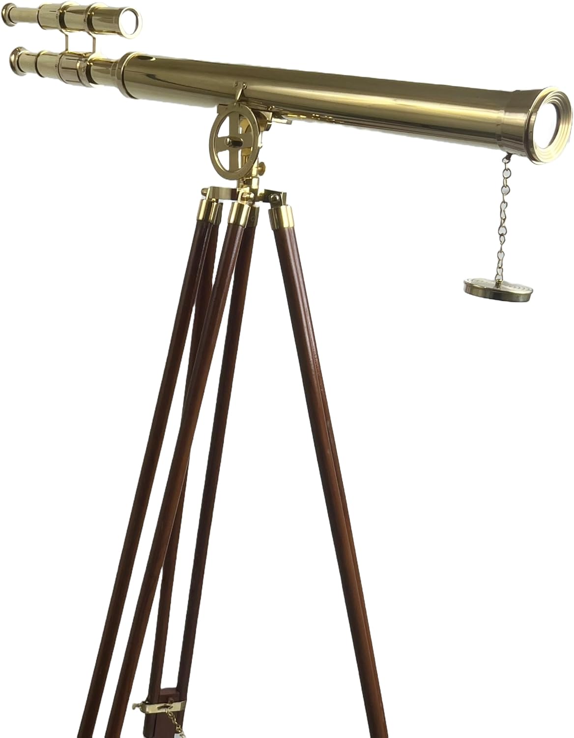 Double Barrel Telescope with Wooden Tripod Stand 32 Inch Brass 10X Magnification 42mm Lens