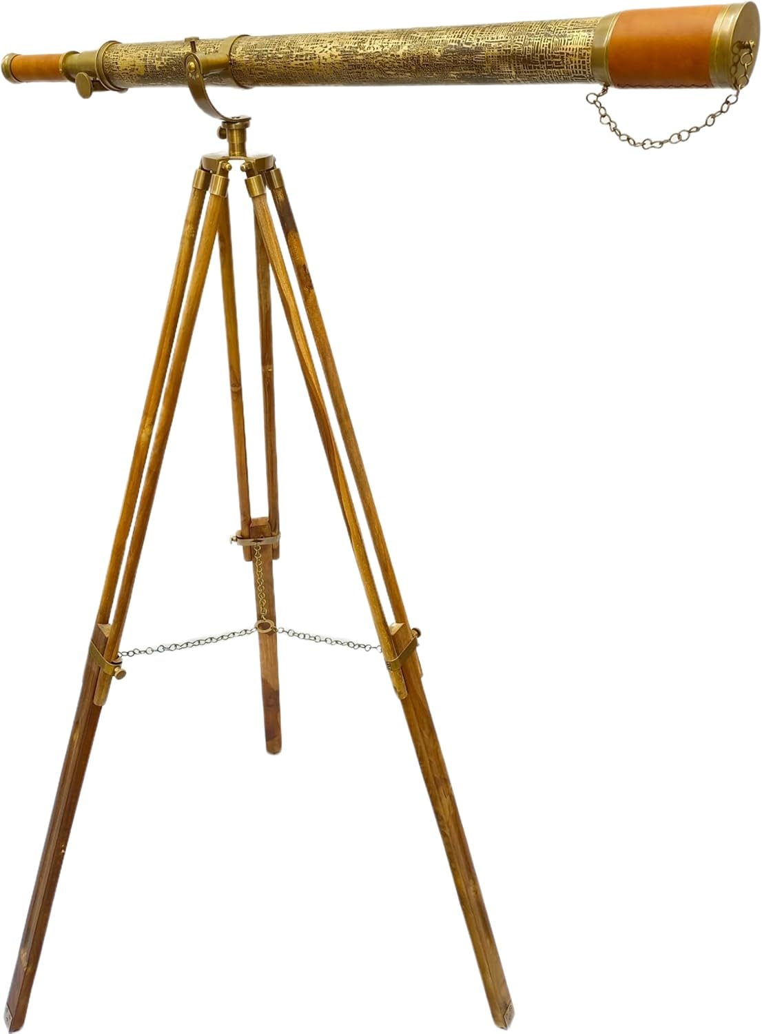 Nautical Vintage Solid Antique Brass Telescope with Leather Sheath and Wooden Tripod