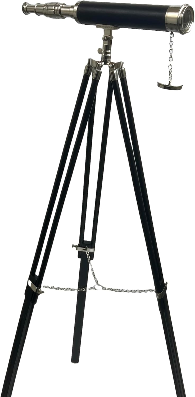 Navigators Charm 18 Inch Nickel And Leather Telescope With 10X Magnification On Wood Tripod Stand With Brass Fittings
