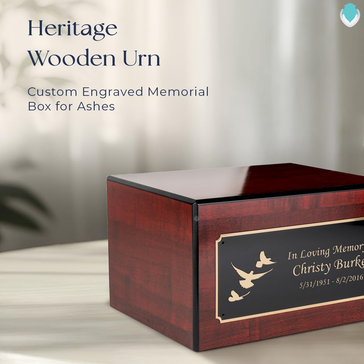 GetUrns Heritage Adult Cherry Wood Cremation Urn Box with Dove Engraving