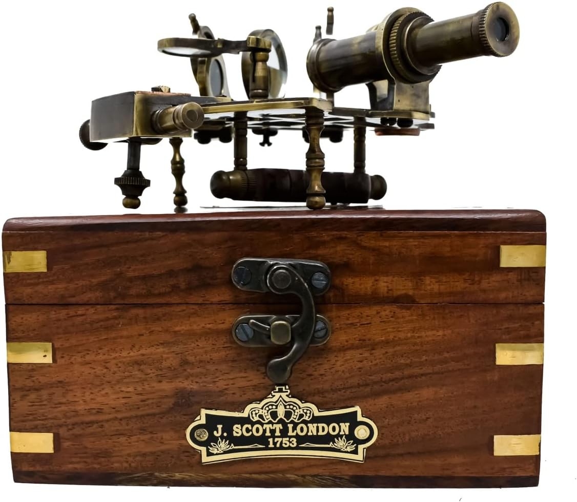 Vintage Brass Nautical Sextant with Hardwood Box and Two Sighting Telescopes