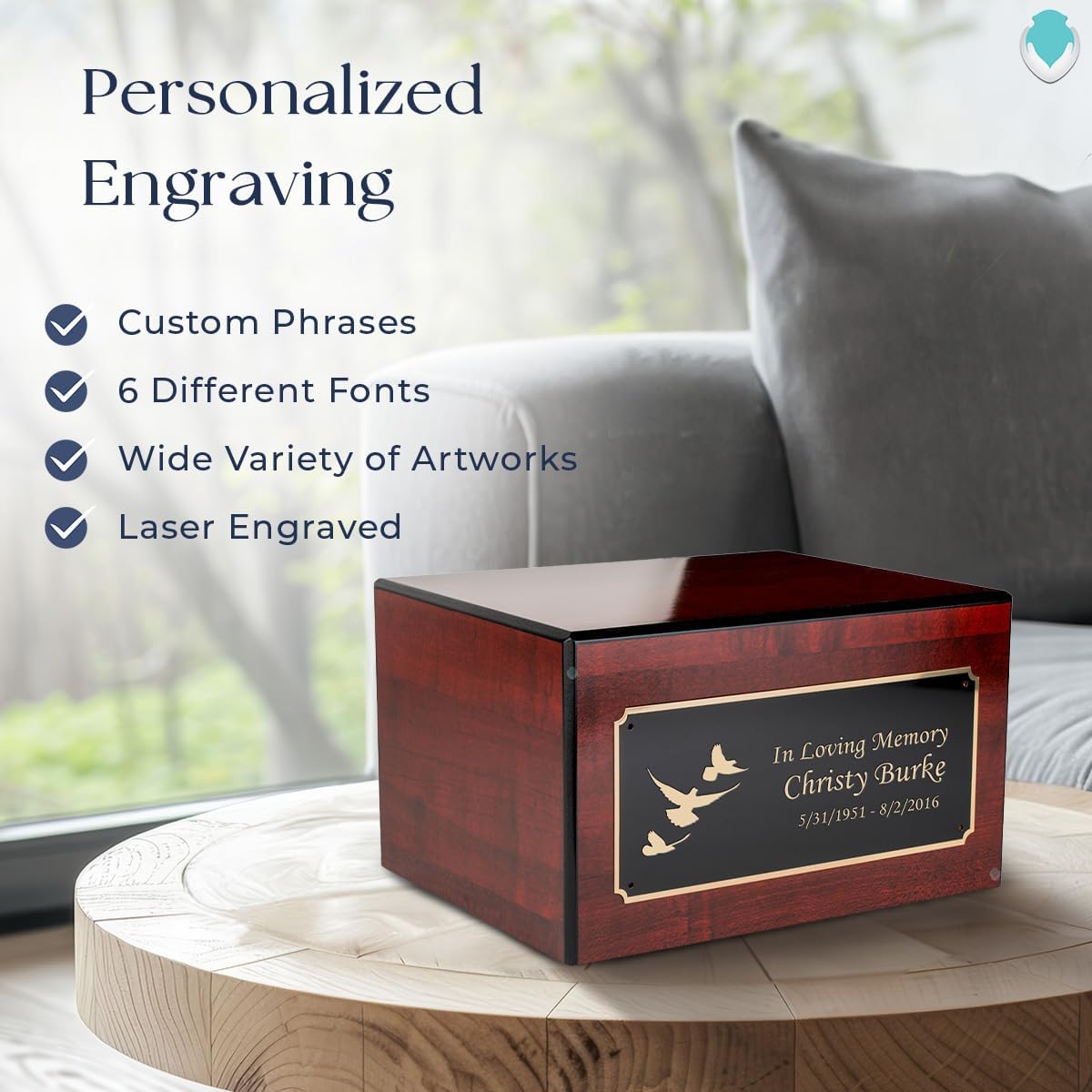 GetUrns Heritage Adult Cherry Wood Cremation Urn Box with Dove Engraving