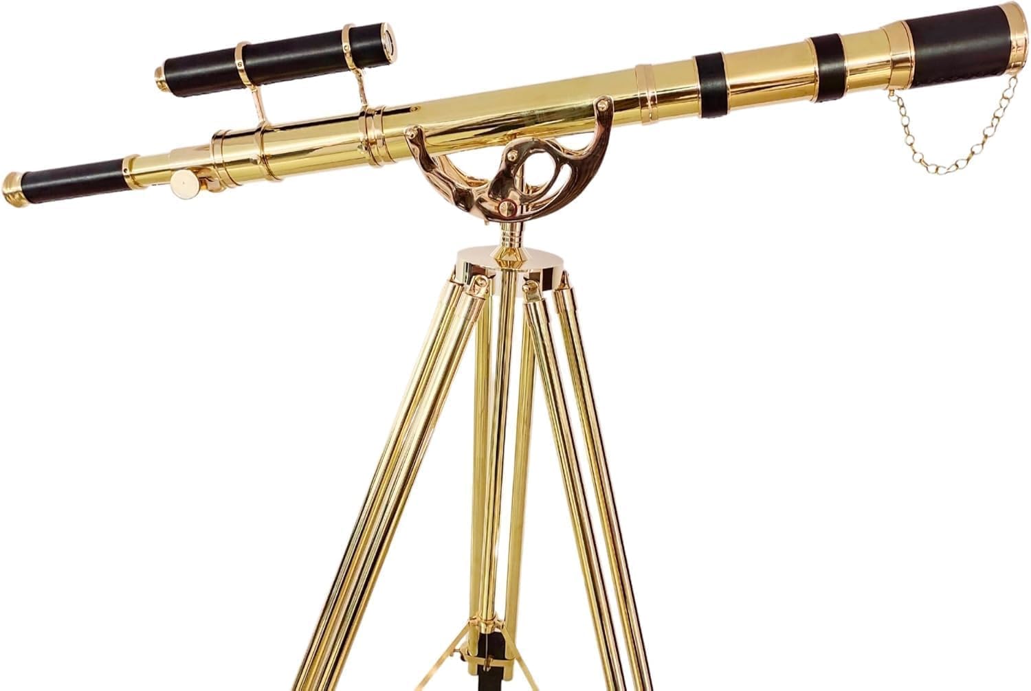 Royal Vintage Floor Standing Brass Telescope with Black Leather and Wooden Tripod
