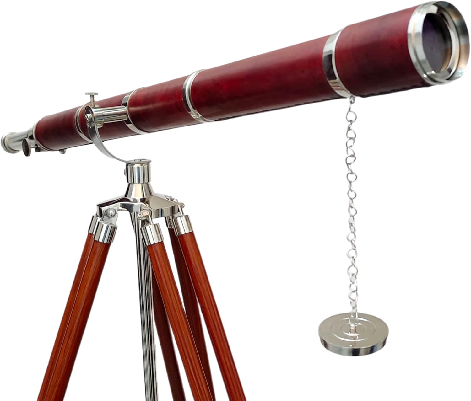 Vintage Nautical Brass Nickel Chrome Telescope with Brown Wooden Tripod