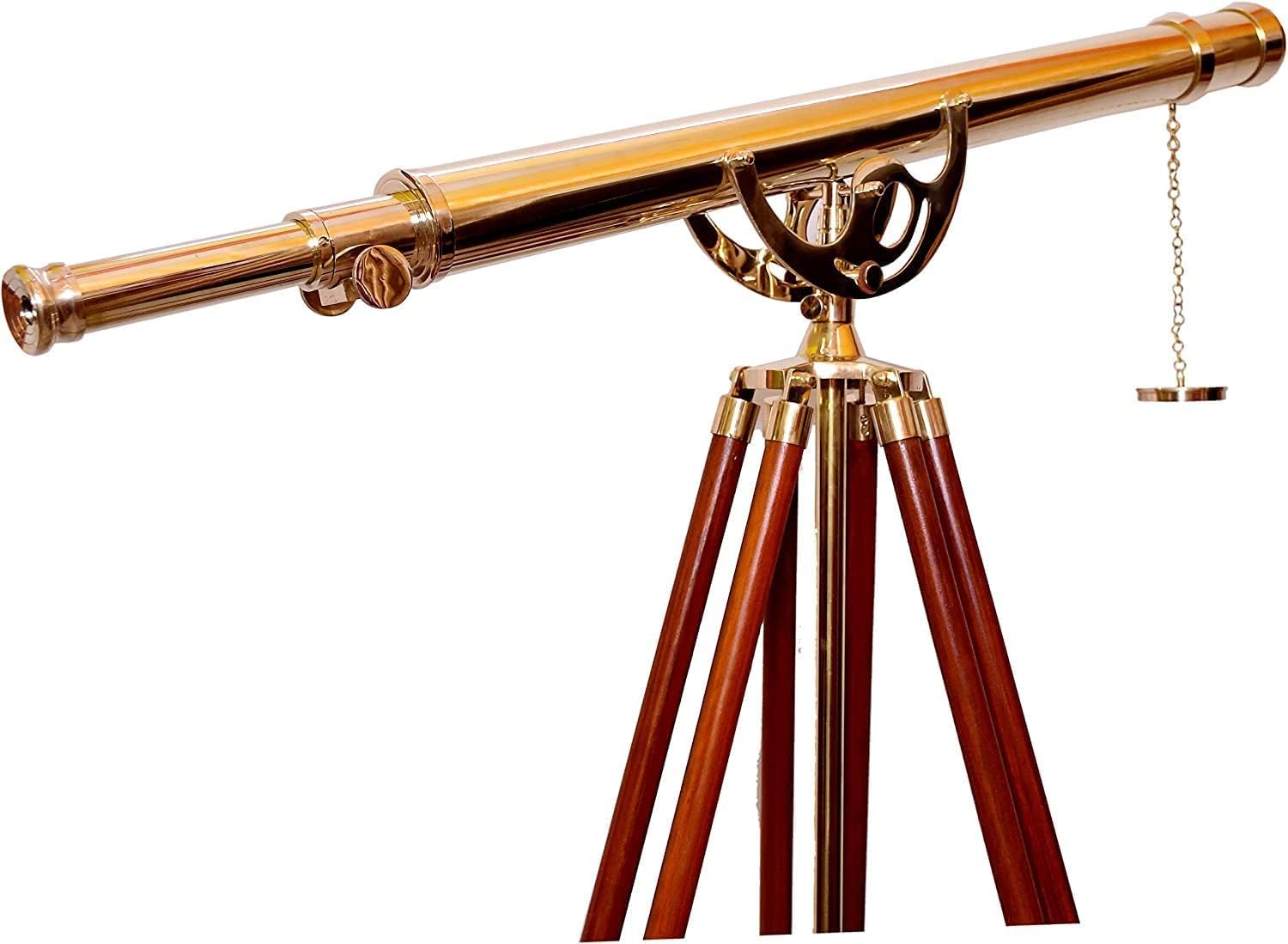 Nautical Shiny Brass Vintage Telescope with Wooden Tripod