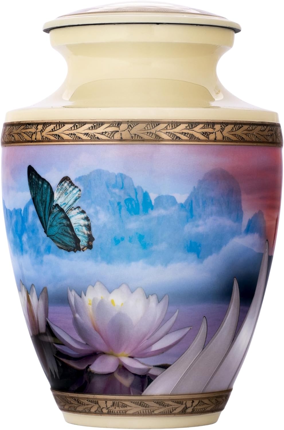 Women Butterfly Urn for Ashes 200 Cubic Inches Cream Metal Flower Design Velvet Bag Anti-Scratch Felt Bottom