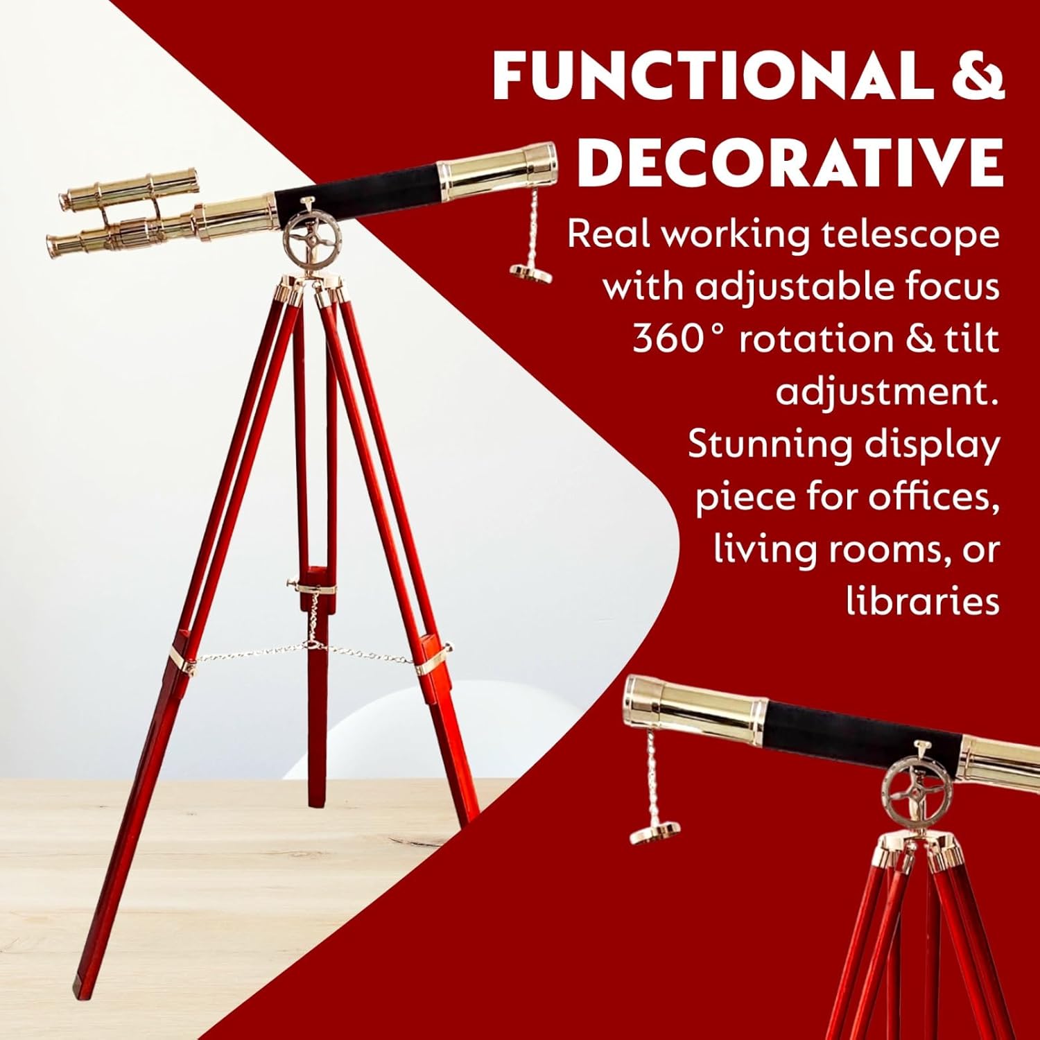 Navy Vintage Telescope with Brass Finish and Wooden Tripod