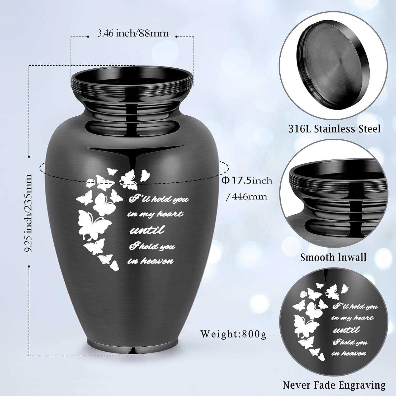 Imrsanl Cremation Urn for Human Ashes Black Stainless Steel Engraved Butterfly Memorial Keepsake