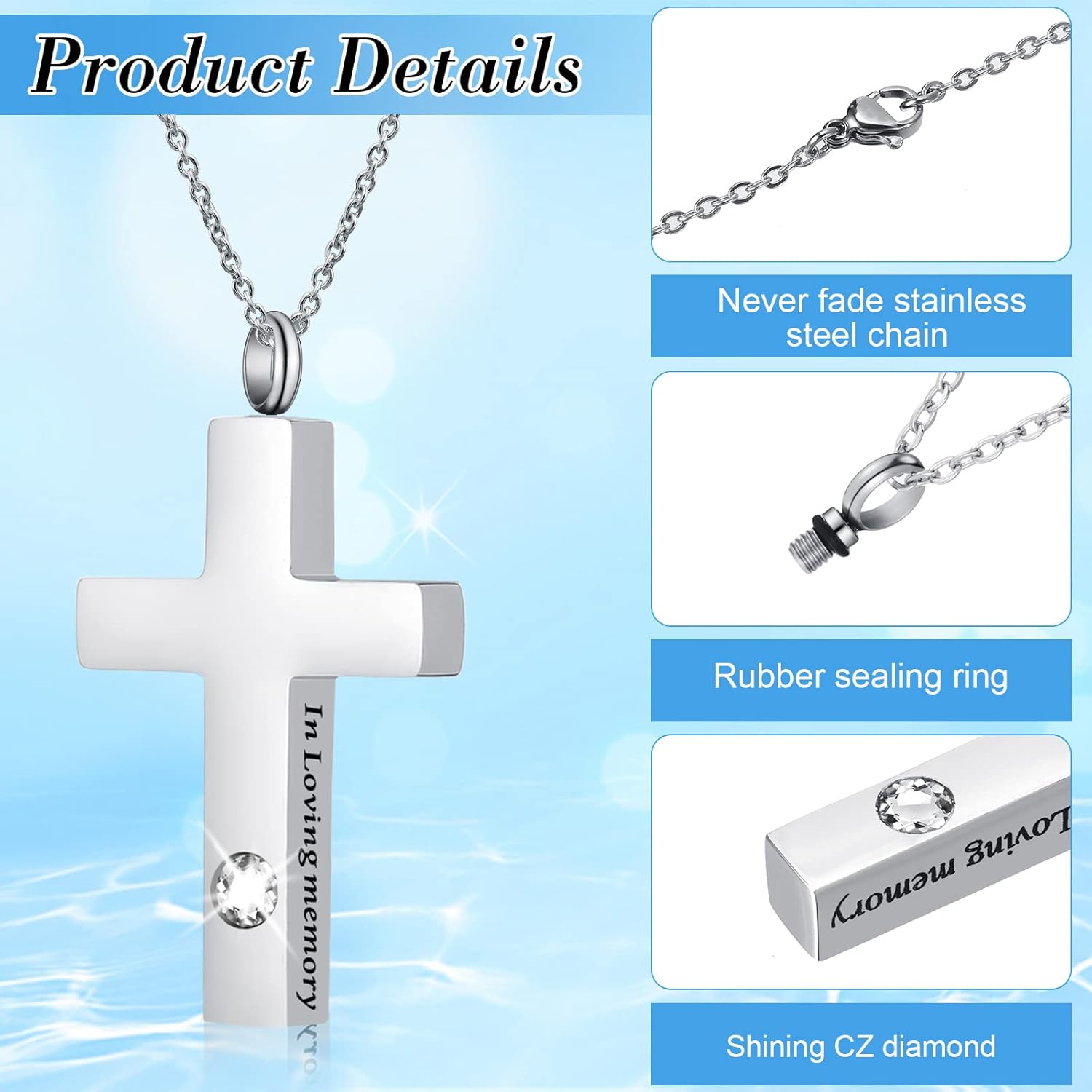 Yinkin 8 Pcs Urn Necklace for Ashes Cremation Cross Stainless Steel Memorial Jewelry