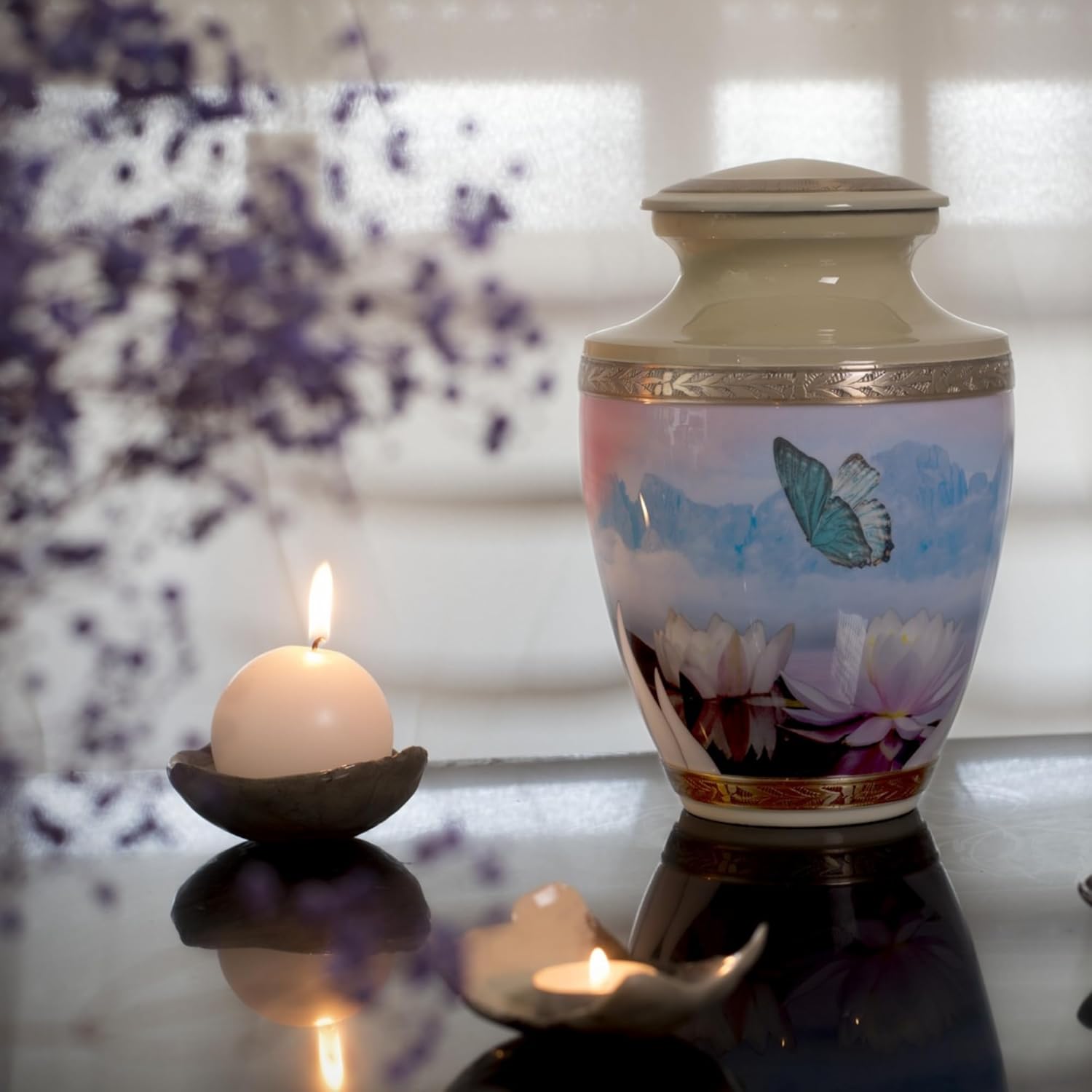 Women Butterfly Urn for Ashes 200 Cubic Inches Cream Metal Flower Design Velvet Bag Anti-Scratch Felt Bottom