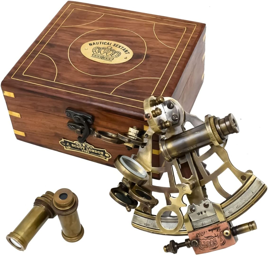 Vintage Brass Nautical Sextant with Hardwood Box and Two Sighting Telescopes