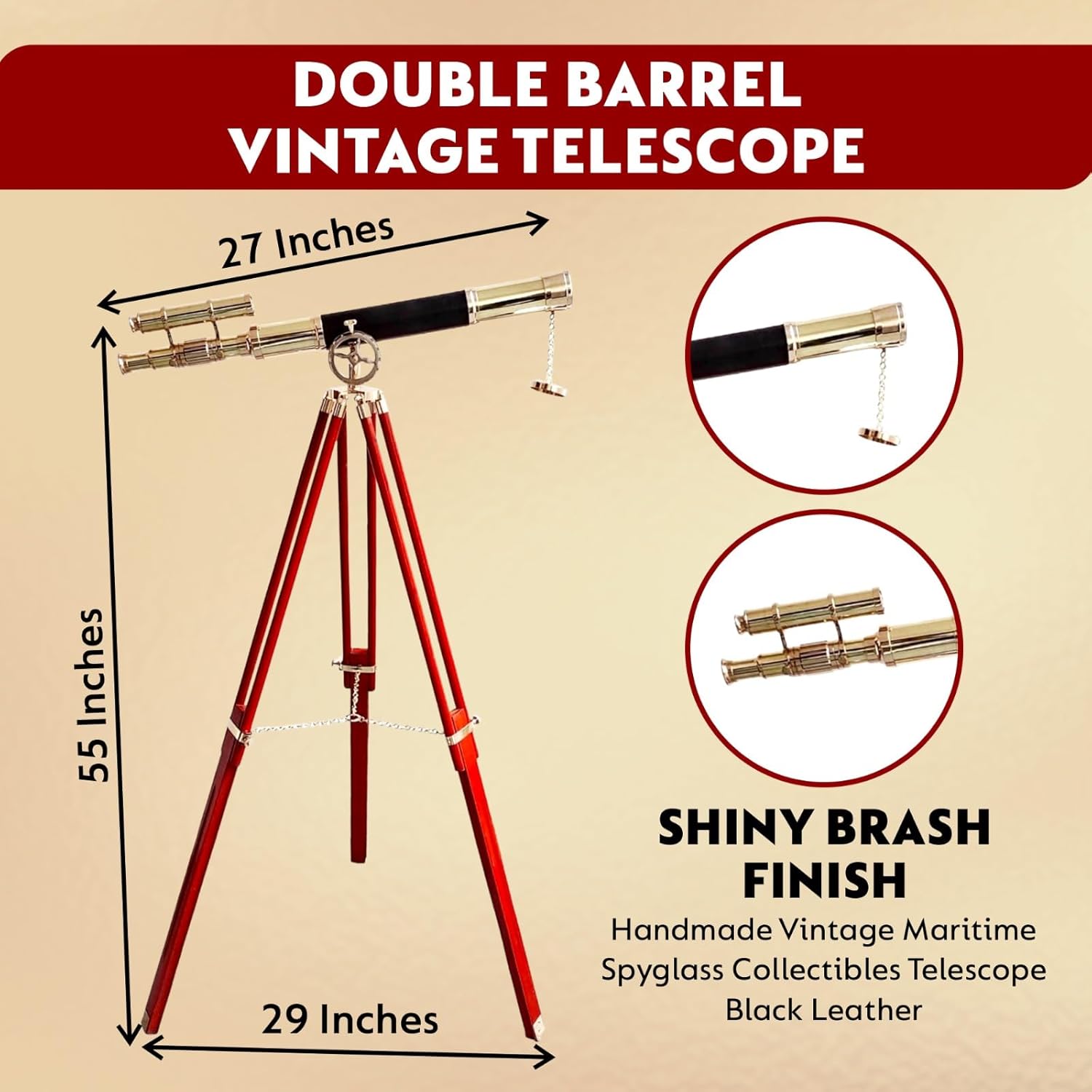 Navy Vintage Telescope with Brass Finish and Wooden Tripod