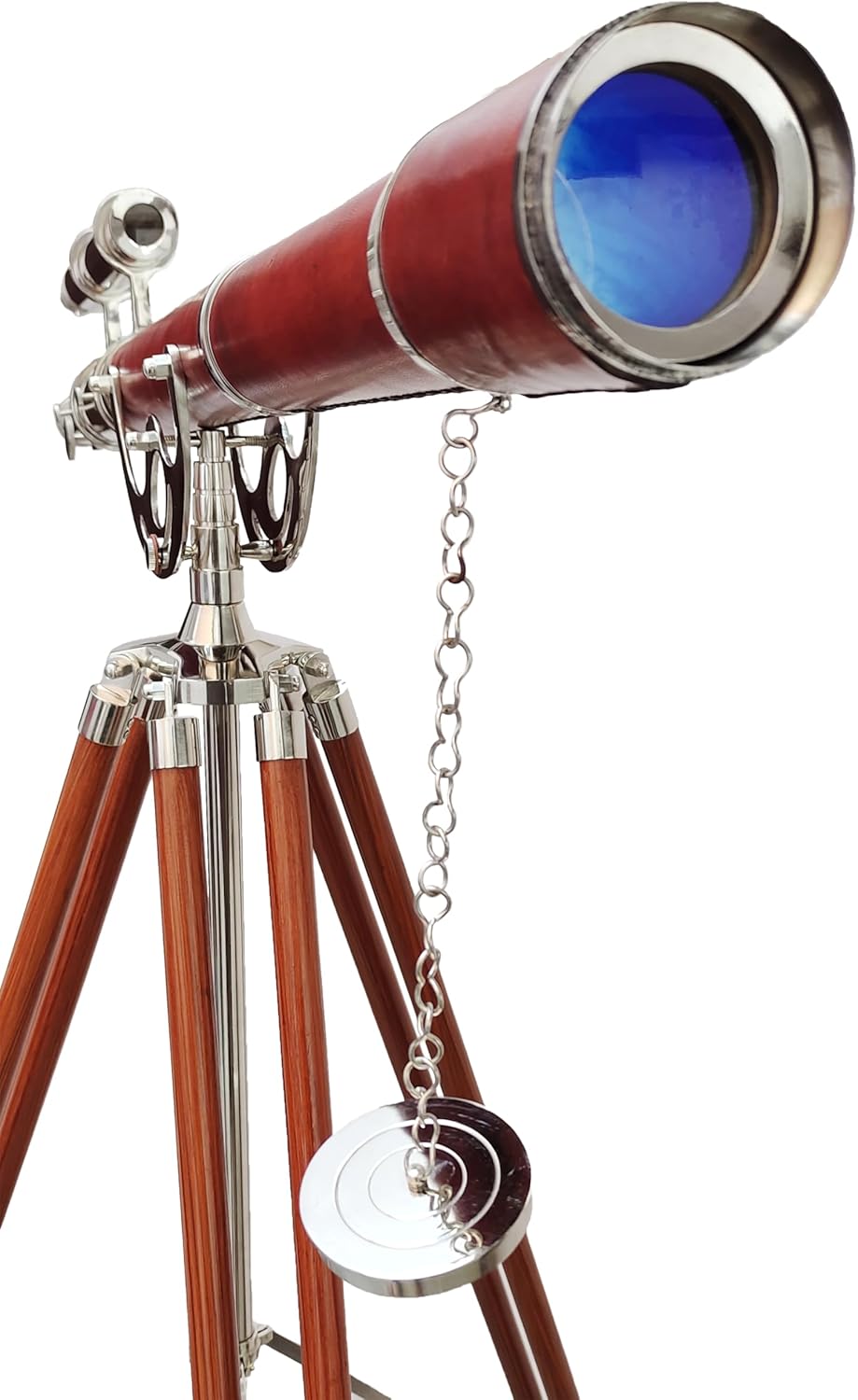 Nautical Vintage Double Barrel Telescope with Brass Mount and Brown Wooden Tripod