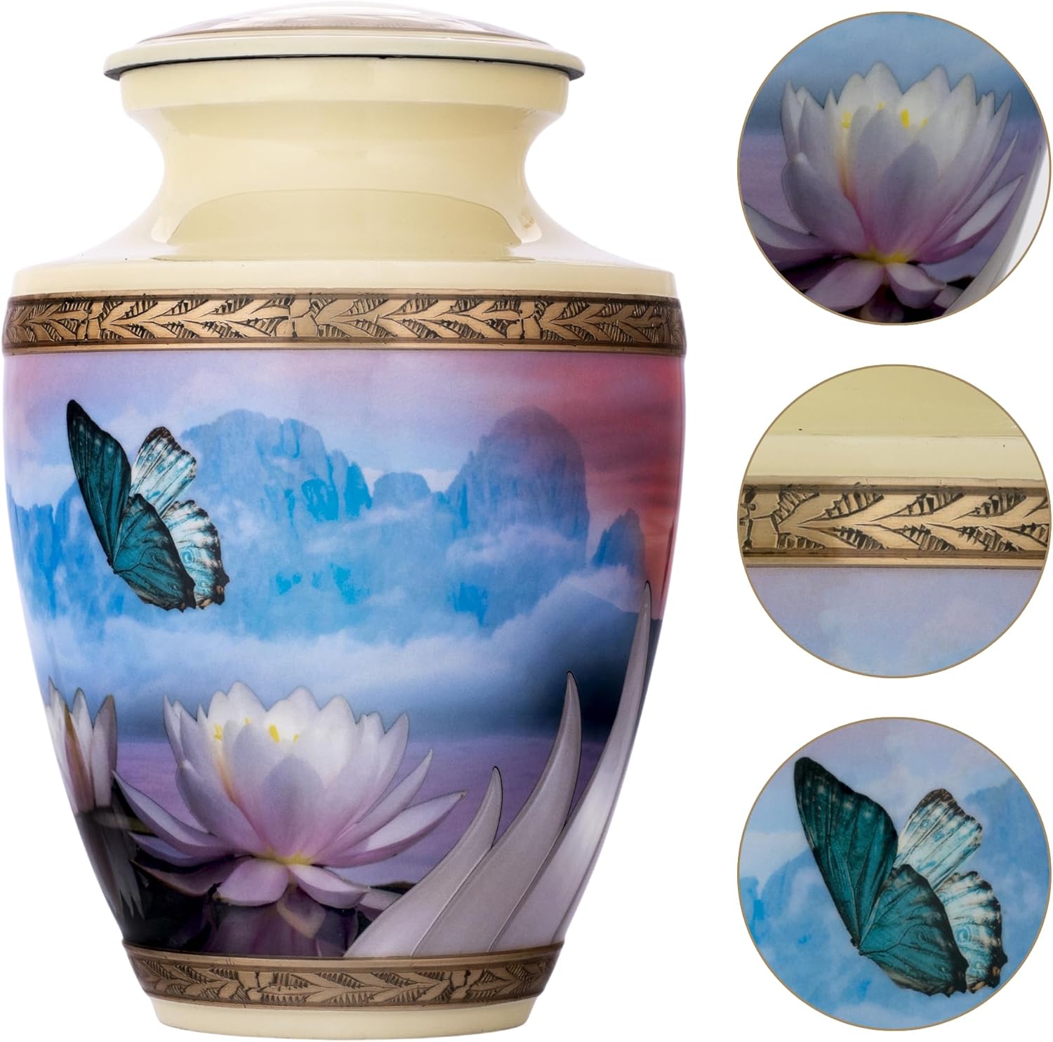 Women Butterfly Urn for Ashes 200 Cubic Inches Cream Metal Flower Design Velvet Bag Anti-Scratch Felt Bottom