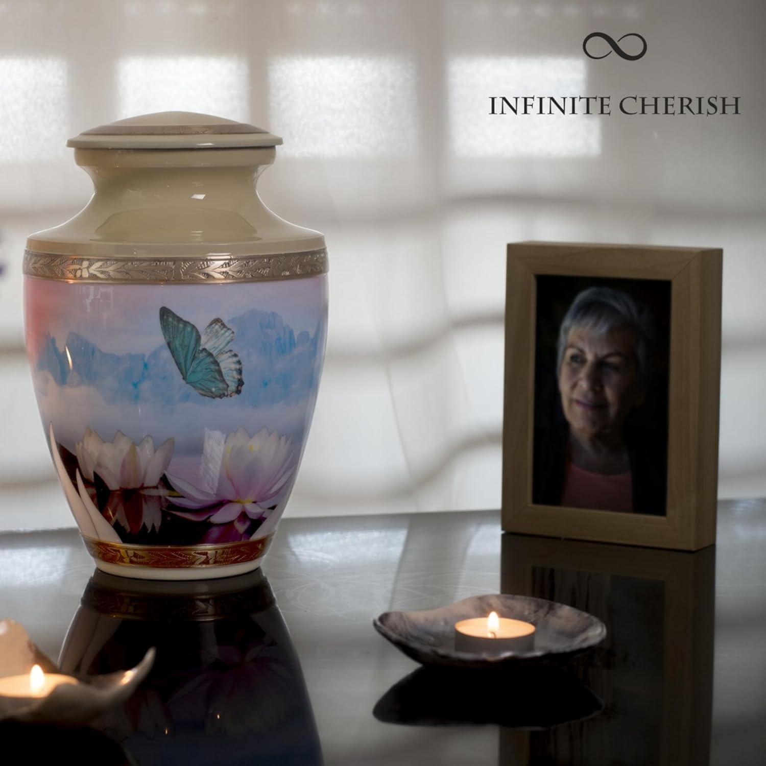 Women Butterfly Urn for Ashes 200 Cubic Inches Cream Metal Flower Design Velvet Bag Anti-Scratch Felt Bottom