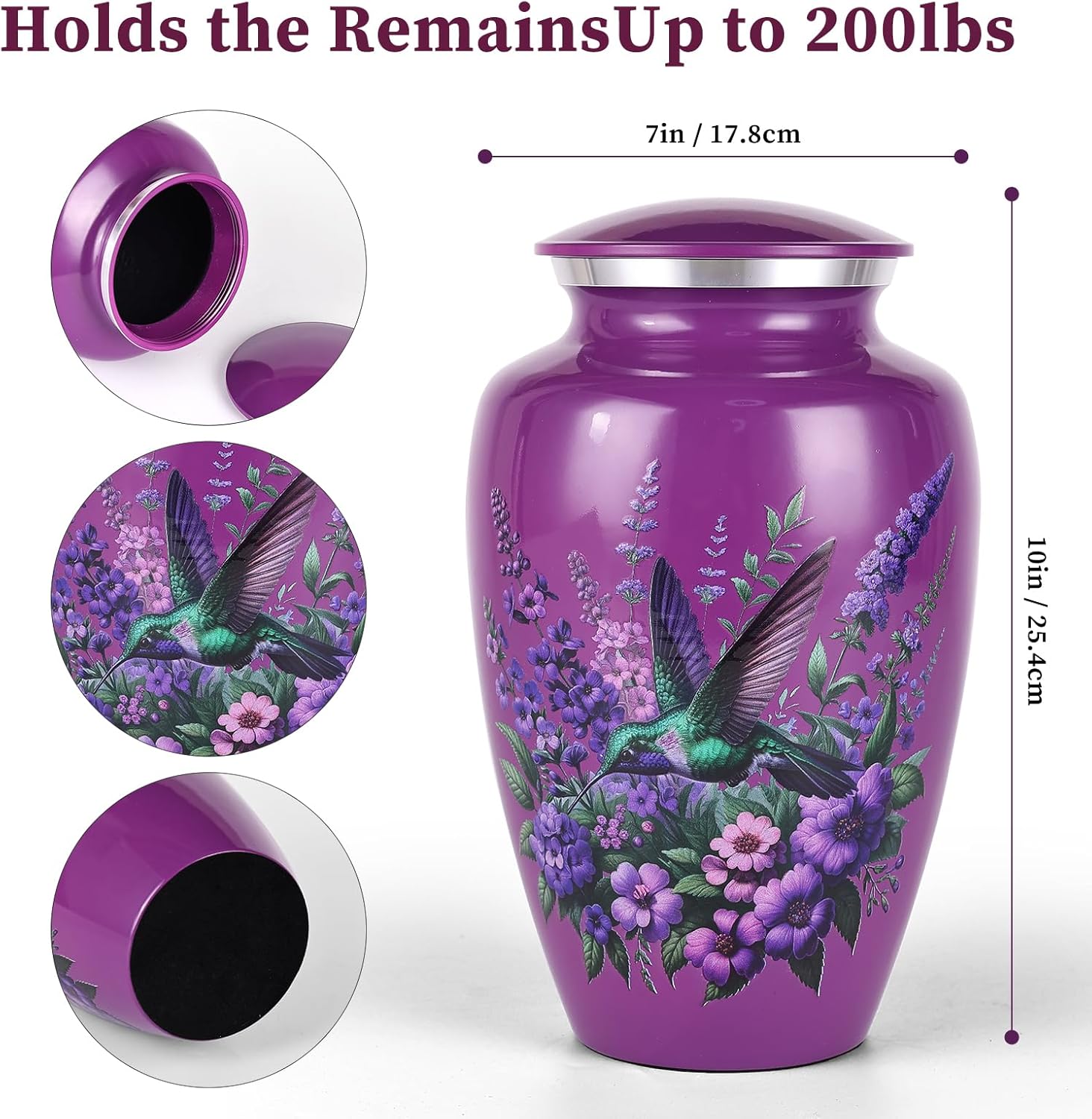 Suruim Purple Hummingbird Urns for Human Ashes - Large Size Adult Female Keepsake for Mom or Mother