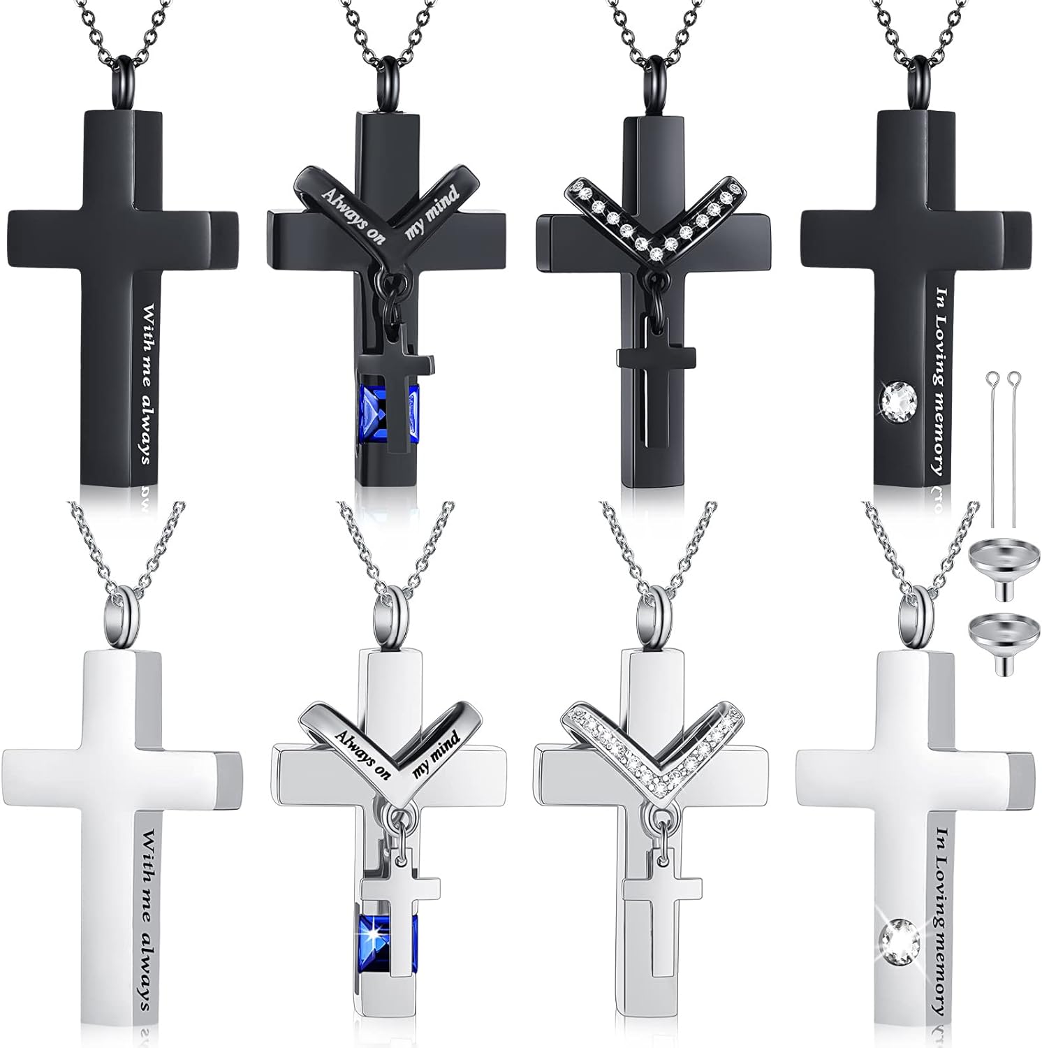 Yinkin 8 Pcs Urn Necklace for Ashes Cremation Cross Stainless Steel Memorial Jewelry