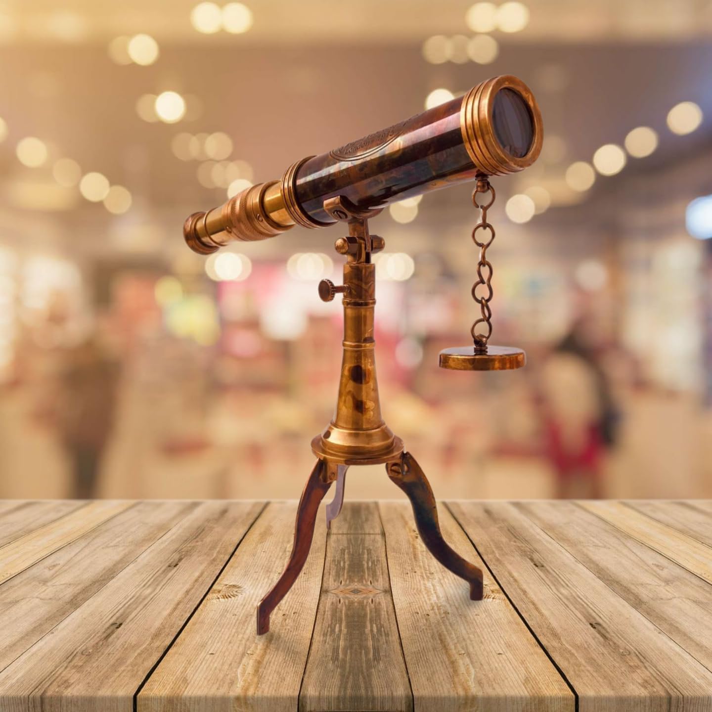Vintage Brass Telescope with Wooden Stand for Home Office Table Decor