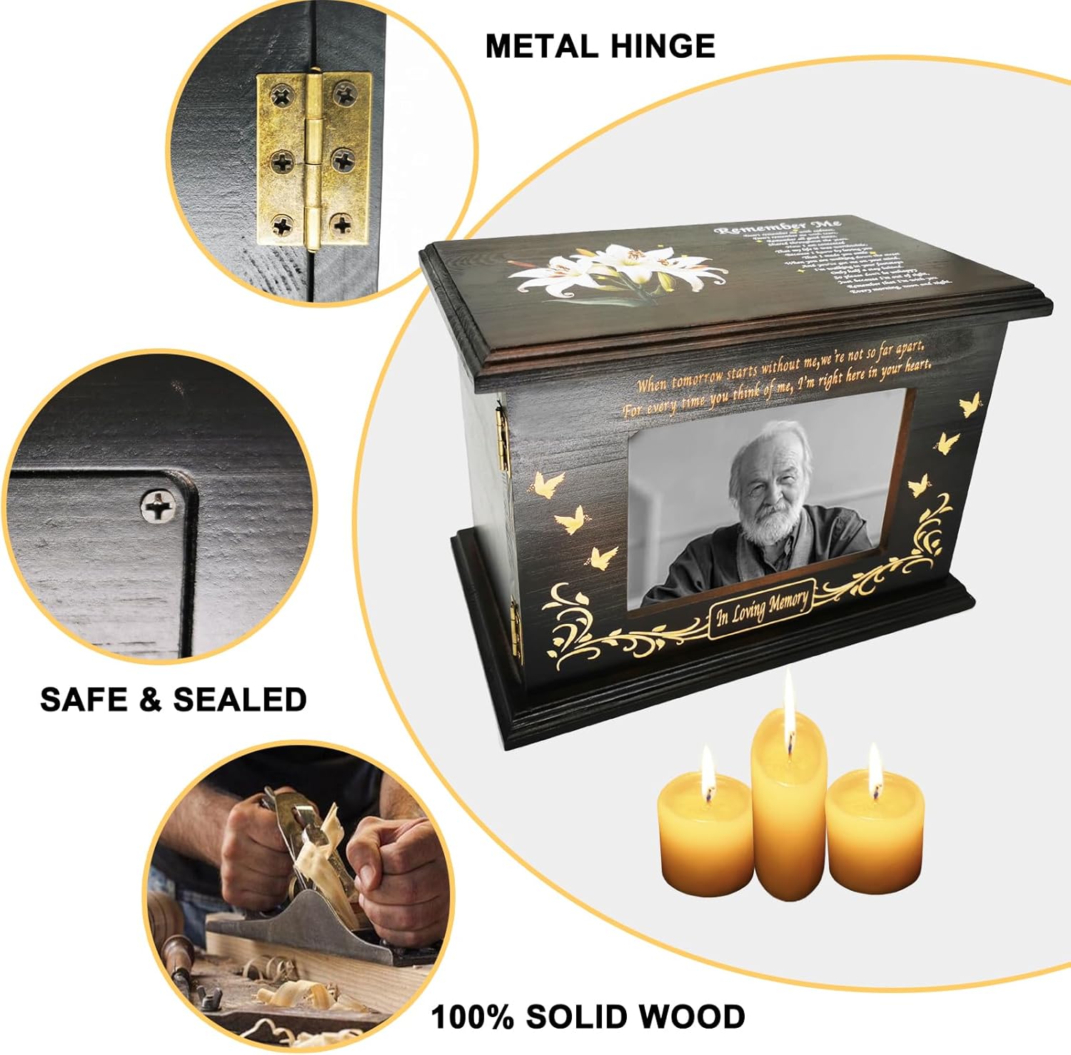 Cremation Urn for Human Ashes Walnut Wooden Urn with Photo Frame 270 Cubic Inches Capacity