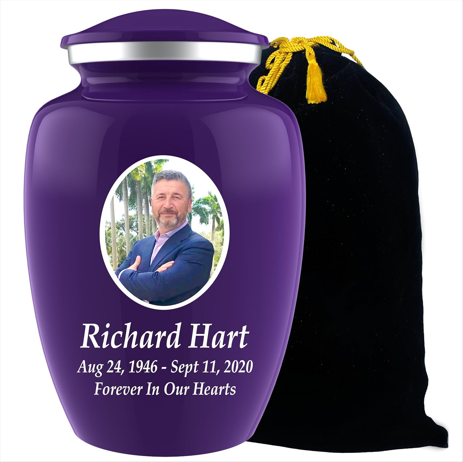 Personalized Photo Cremation Urn for Adult Ashes - 200lbs Custom Burial Urn with Engraving and Velvet Bag Purple