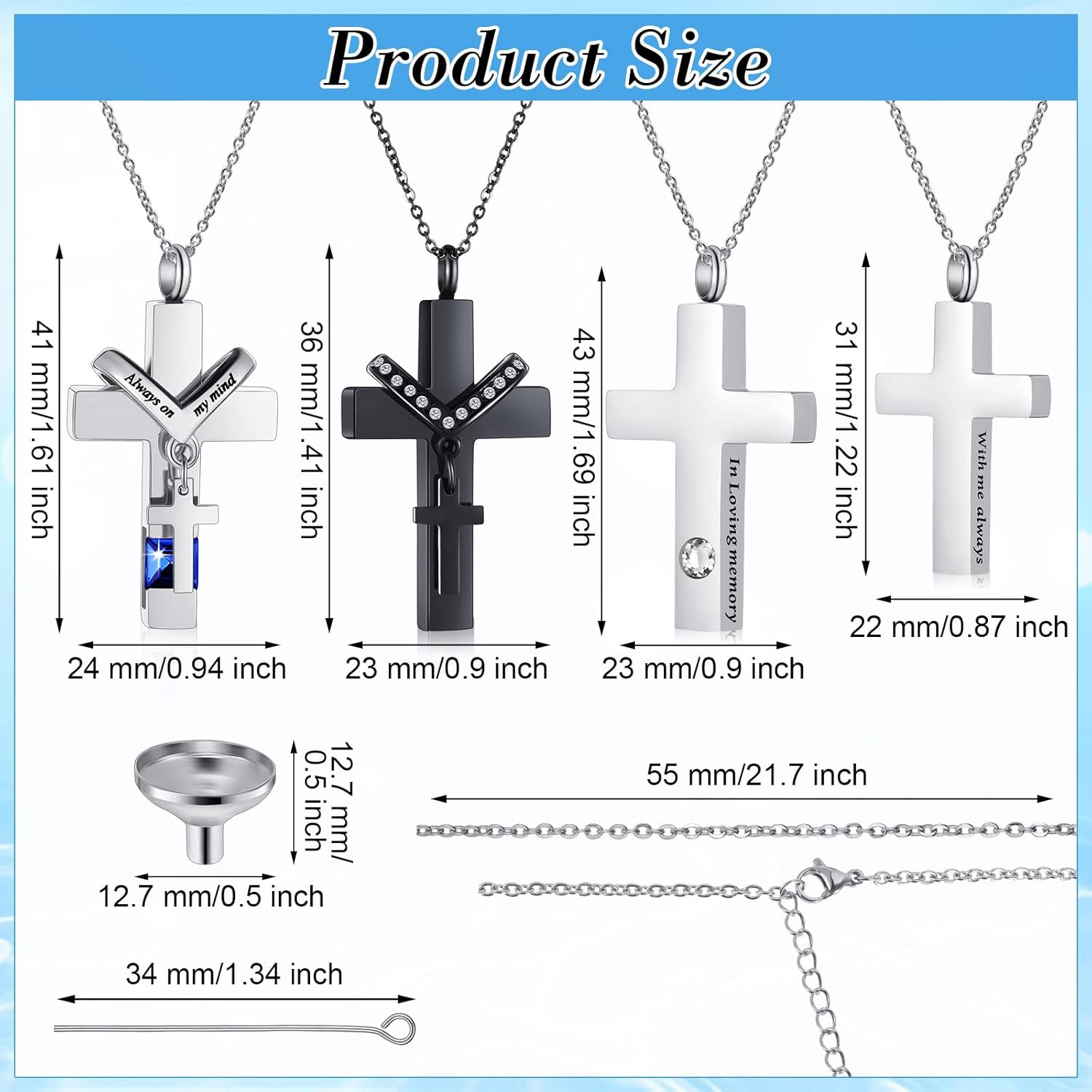 Yinkin 8 Pcs Urn Necklace for Ashes Cremation Cross Stainless Steel Memorial Jewelry