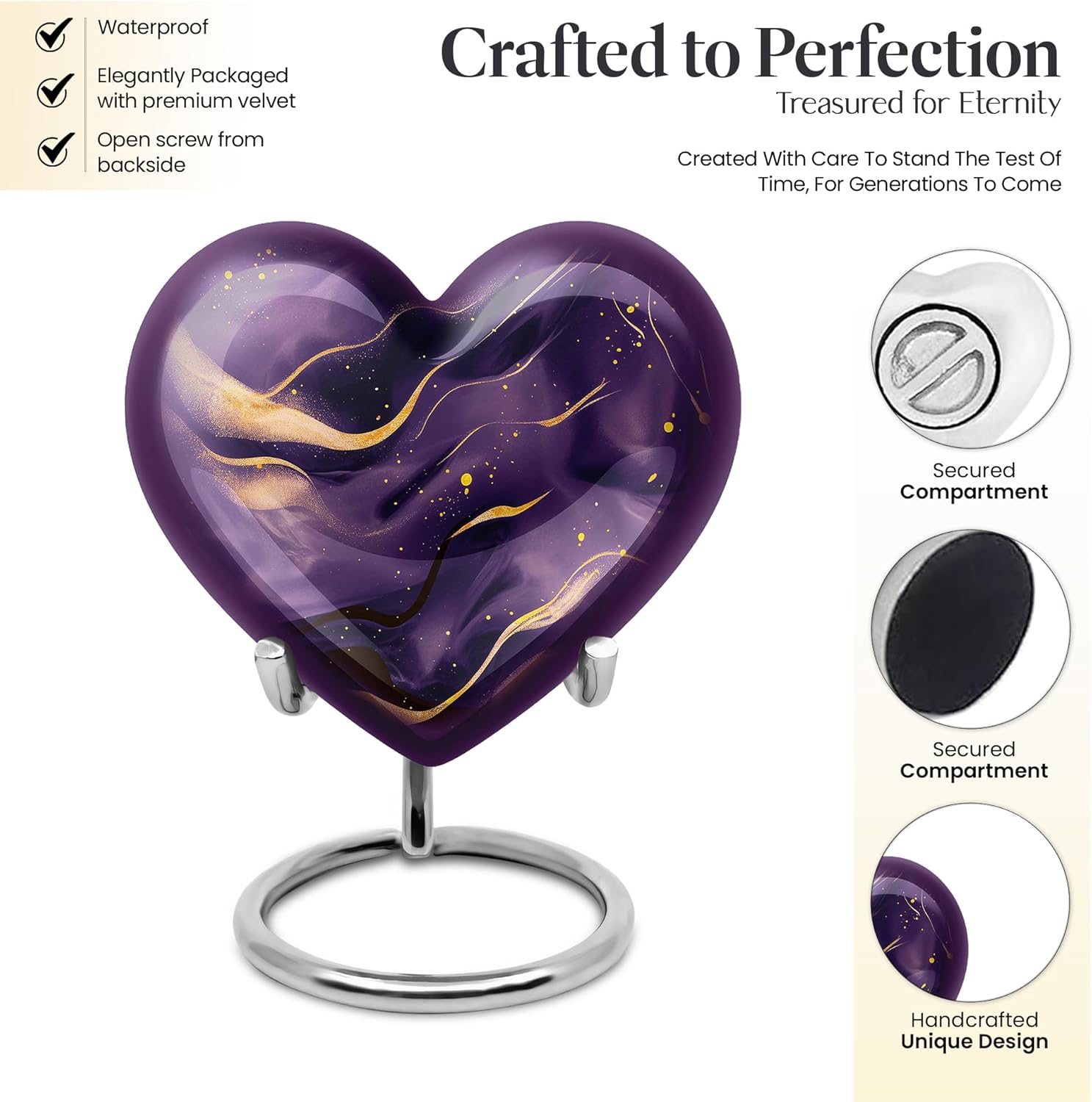 Dark Purple and Gold Design Large Urn for Ashes - 10 Inch 200Lbs and 3 Inch 4 Keepsake Urns Set