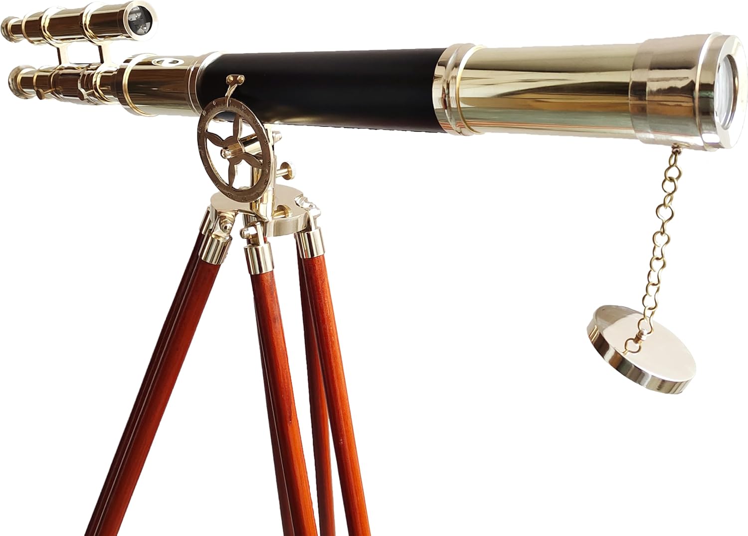 Navy Vintage Telescope with Brass Finish and Wooden Tripod