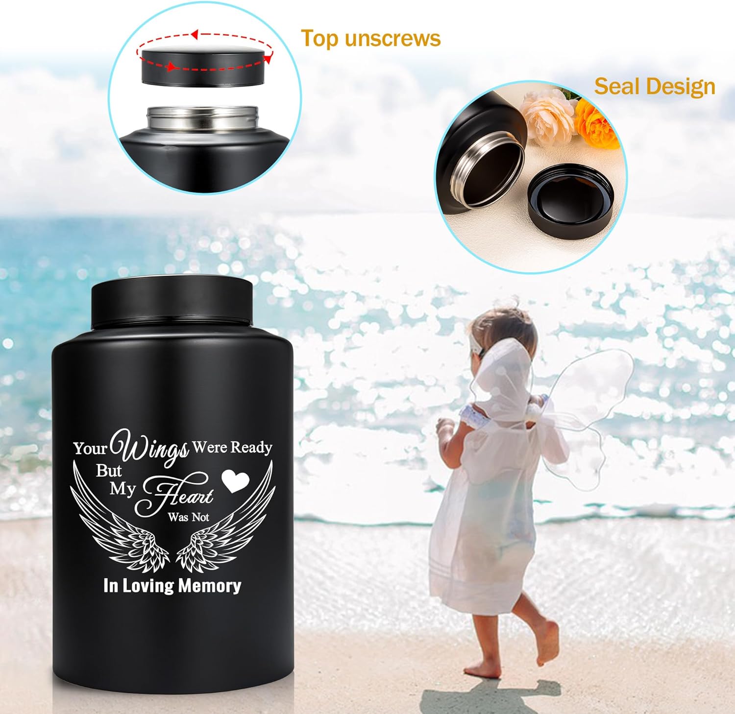 Large Urns for Human Ashes 220 lbs Black Angel Wings Decorative Urns