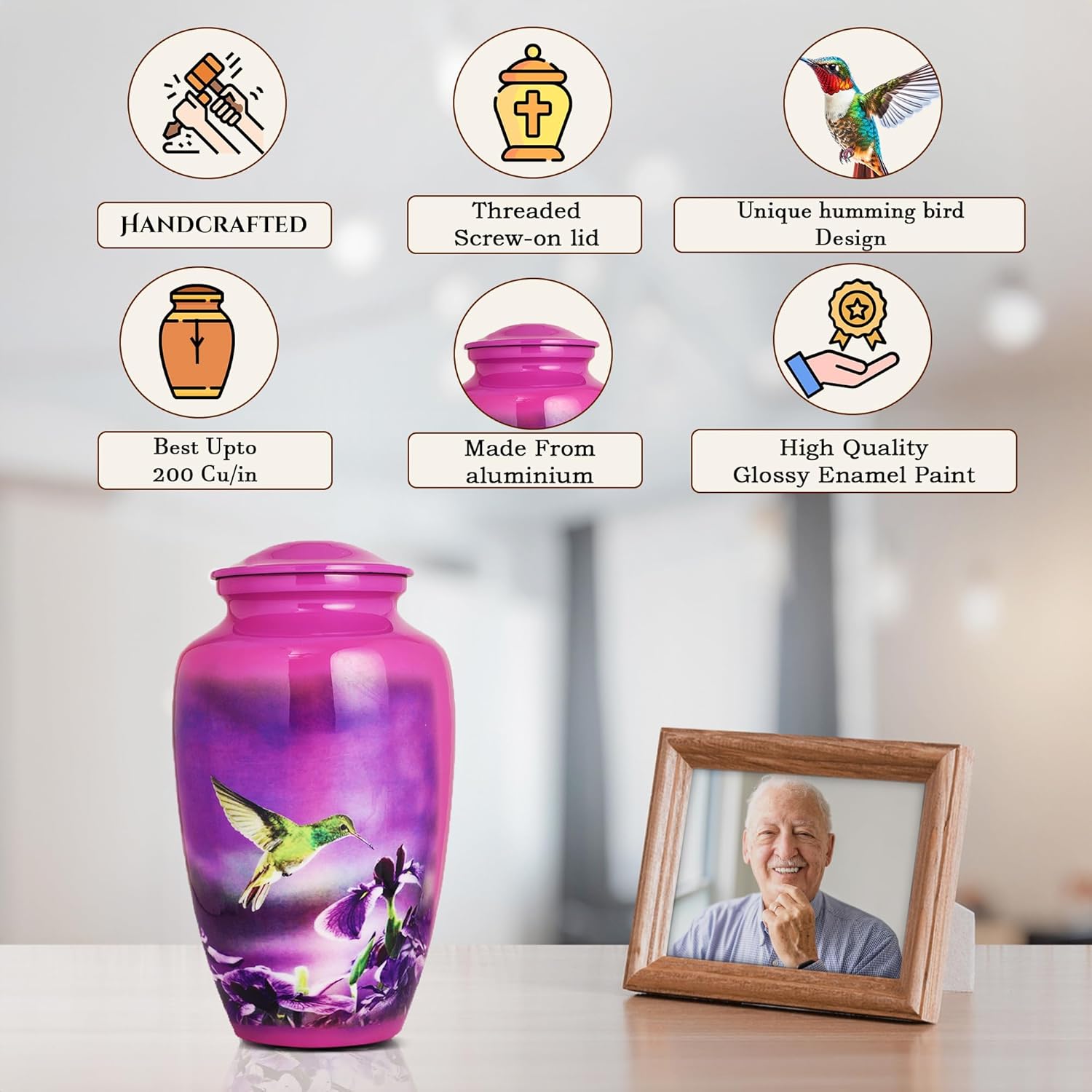 Purple Hummingbird Cremation Urn for Adults - Large Decorative Memorial