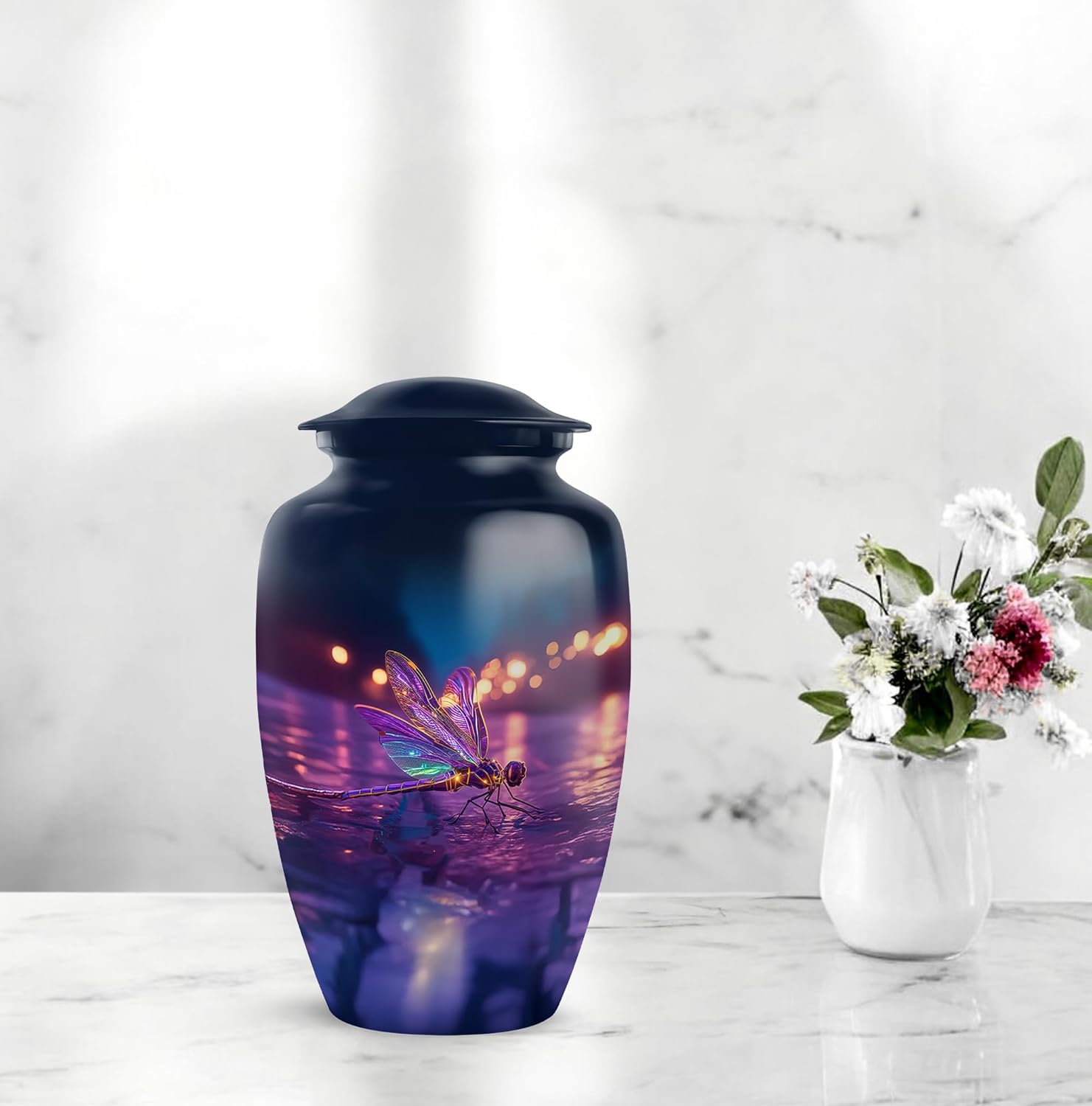 Dragonfly Memorial Urn for Adult Human Ashes Handcrafted Blue Purple Urn for Mom Dad 10 Inch