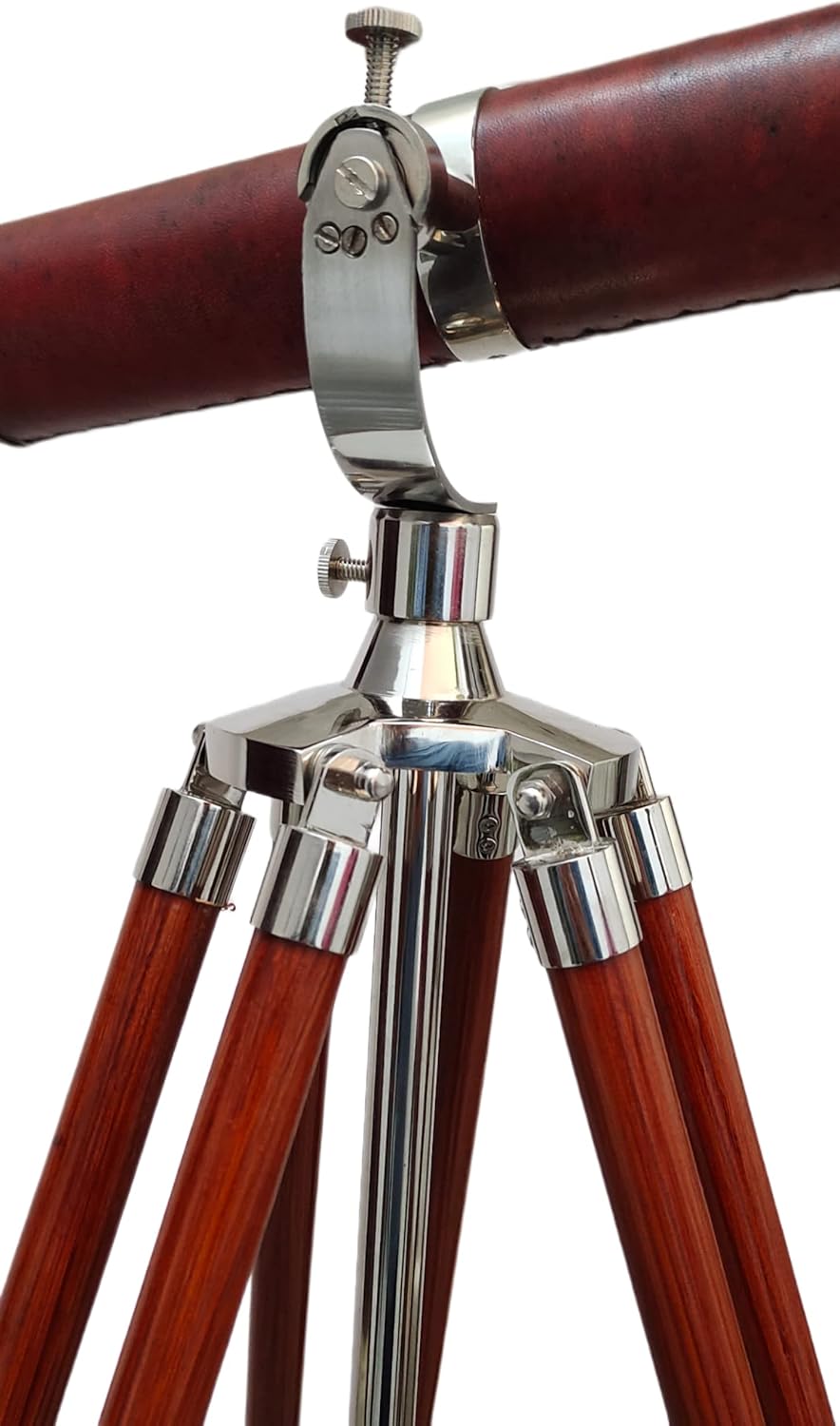 Vintage Nautical Brass Nickel Chrome Telescope with Brown Wooden Tripod