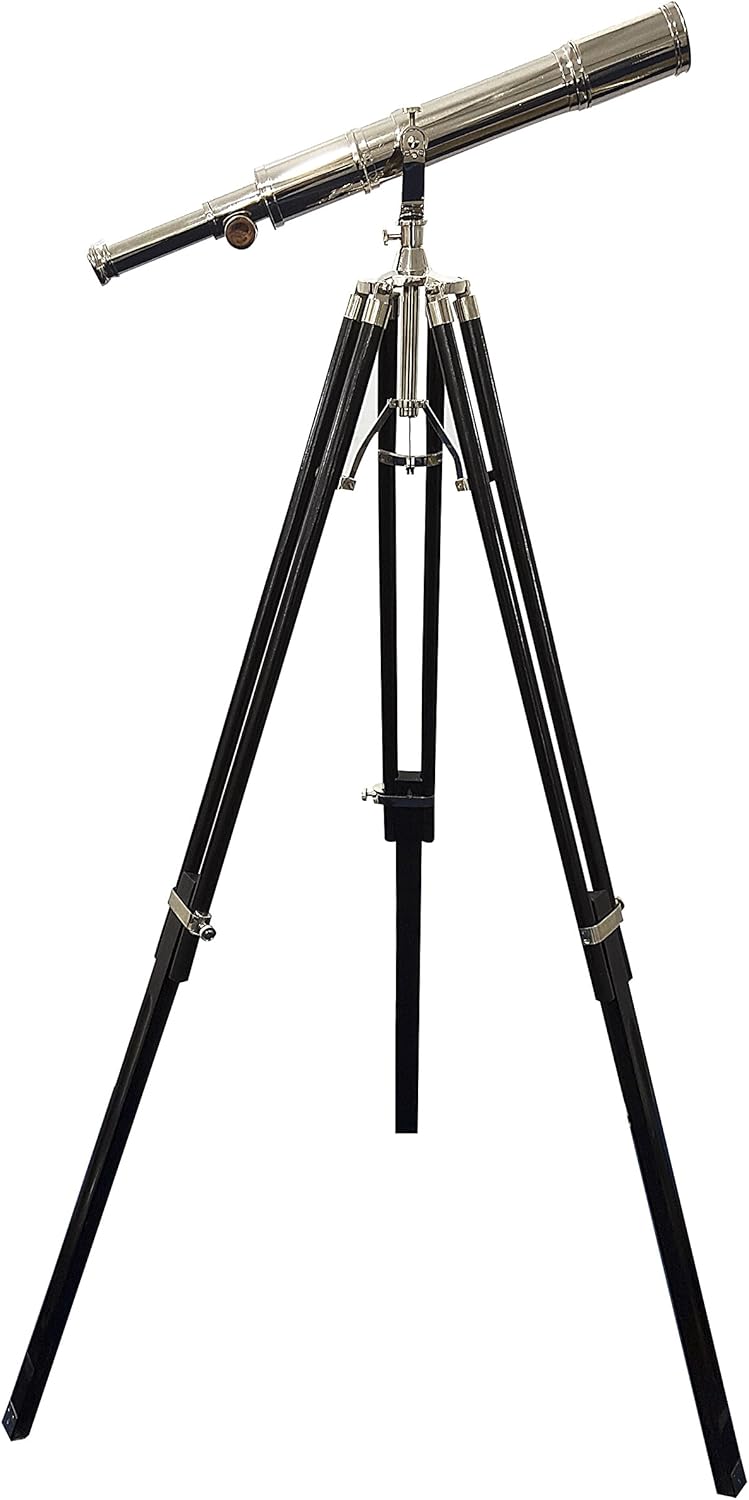 Vintage Nickel Finish Brass Telescope with Wooden Tripod