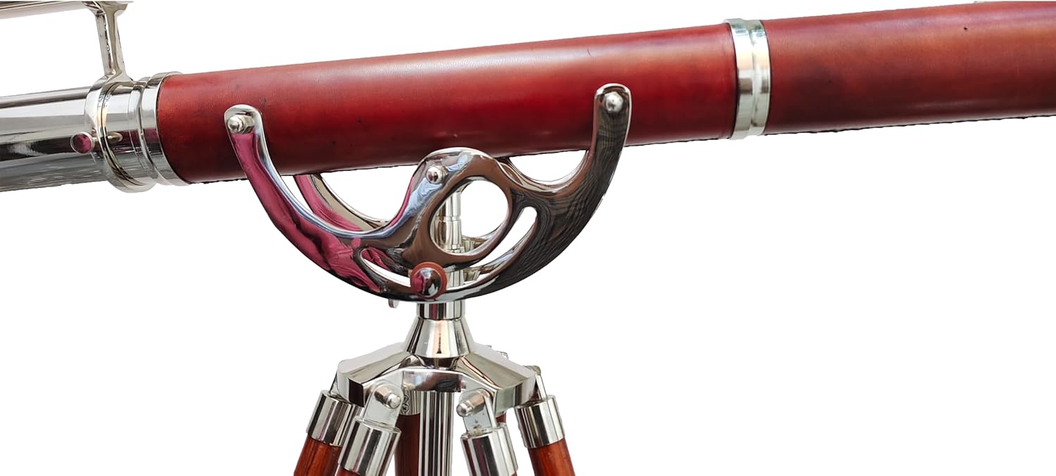 Nautical Vintage Double Barrel Telescope with Brass Mount and Brown Wooden Tripod