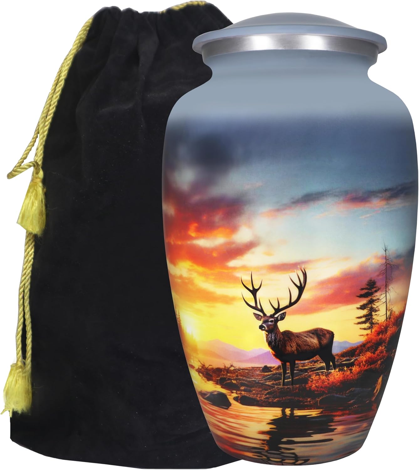 M MEILINXU Decorative Urn with Deer Design Forest and Grey Sky - Full Size