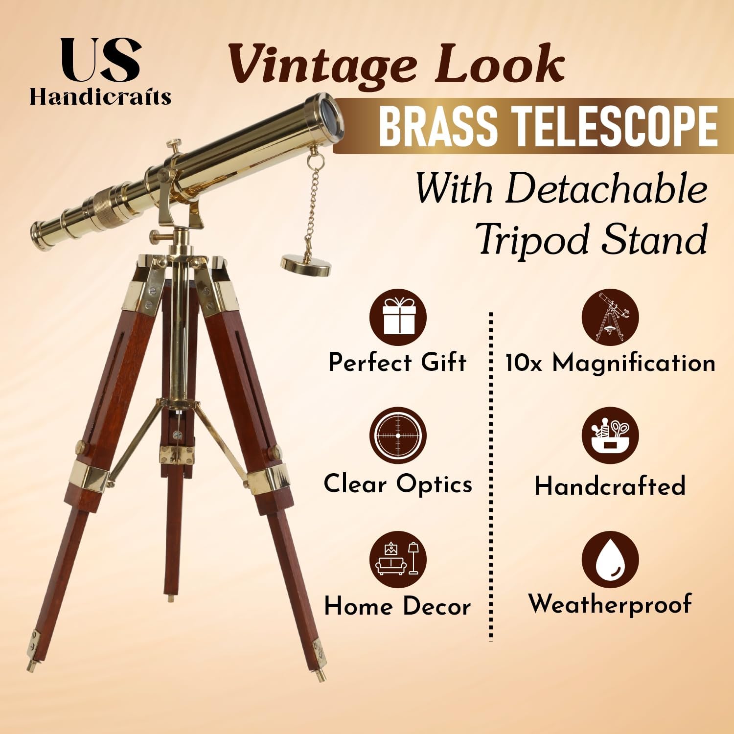 Vintage Brass Telescope with DF Lens and Tripod Stand