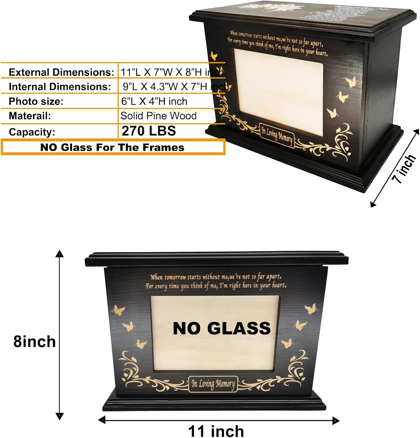 Cremation Urn for Human Ashes Walnut Wooden Urn with Photo Frame 270 Cubic Inches Capacity