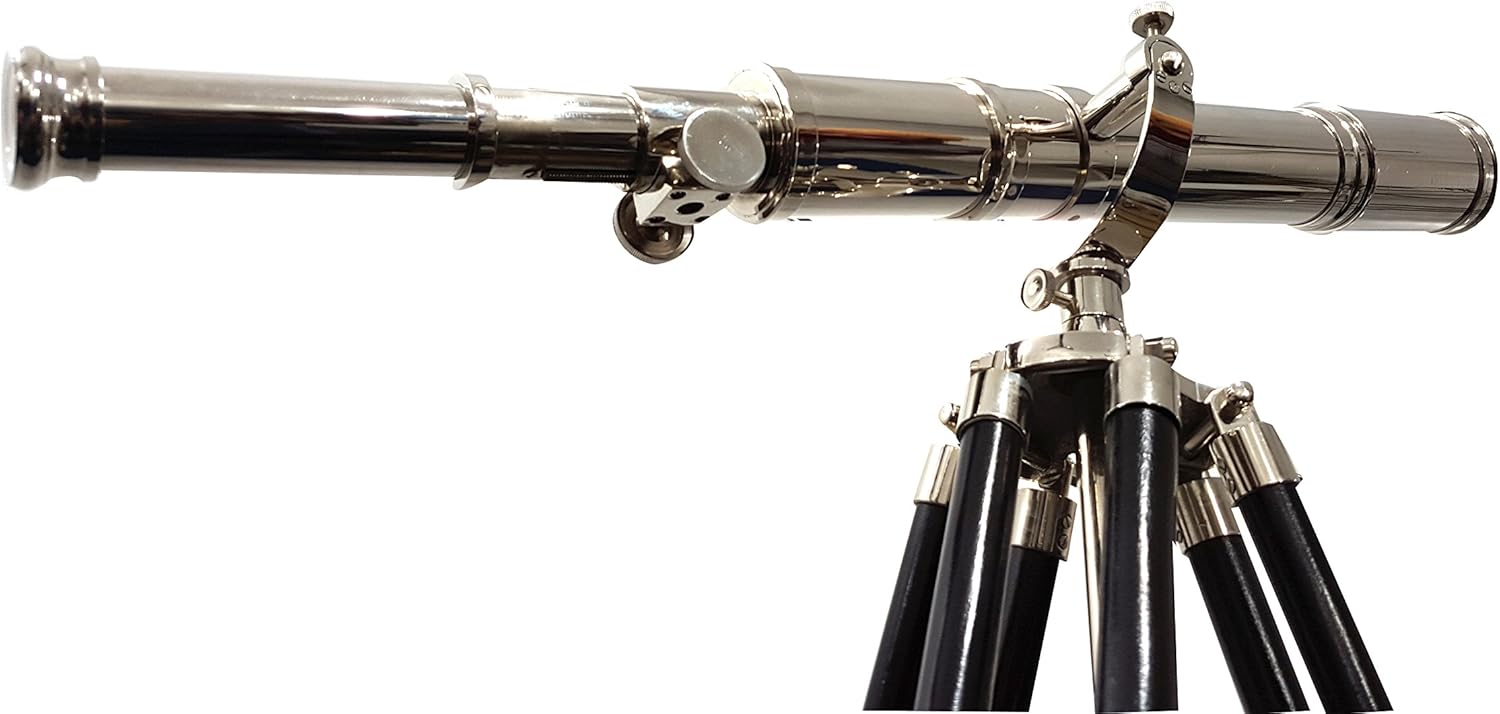 Vintage Nickel Finish Brass Telescope with Wooden Tripod