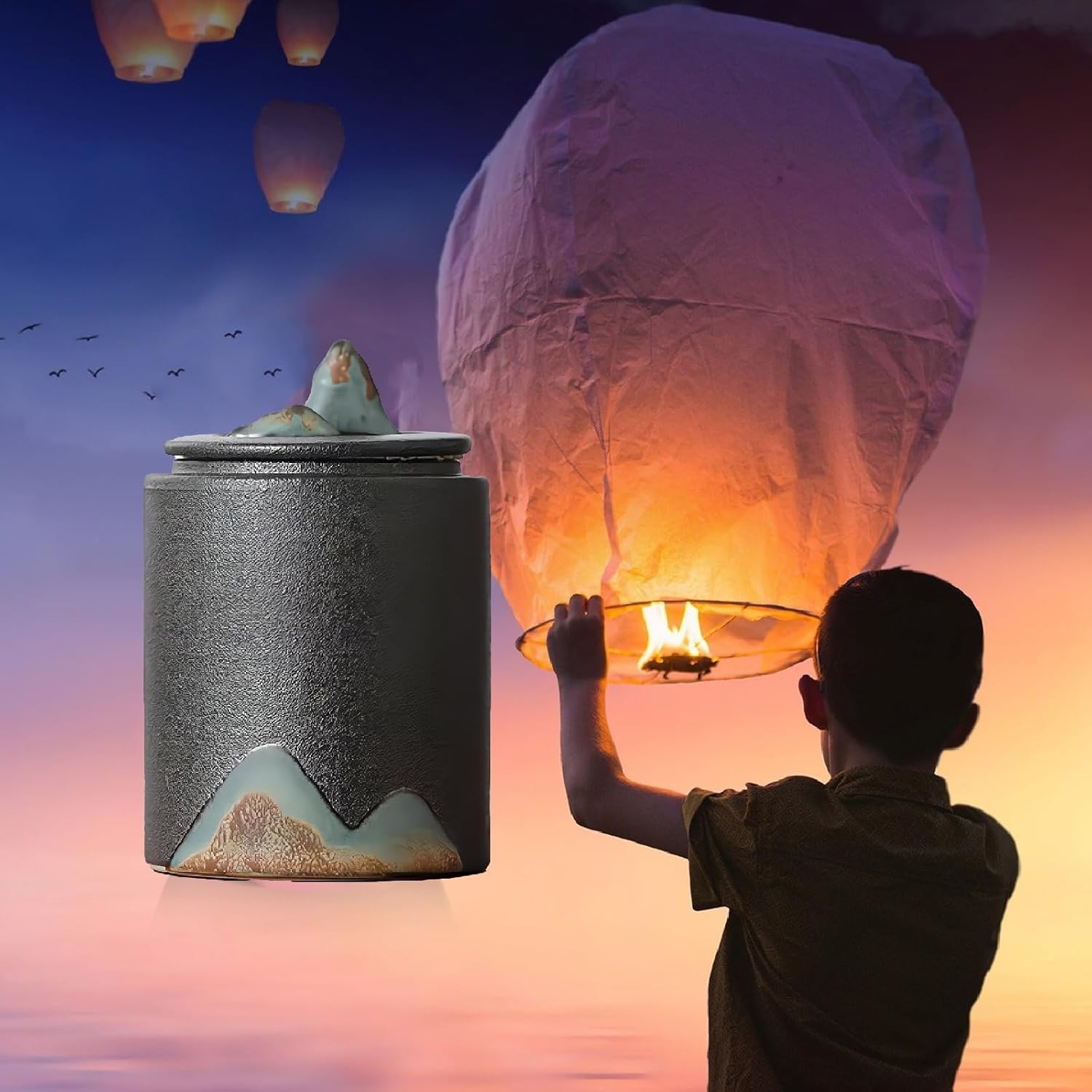 Black Small Urn Ashes Keepsake - 35 Inch Ceramic Memorial Urn for Human and Pets