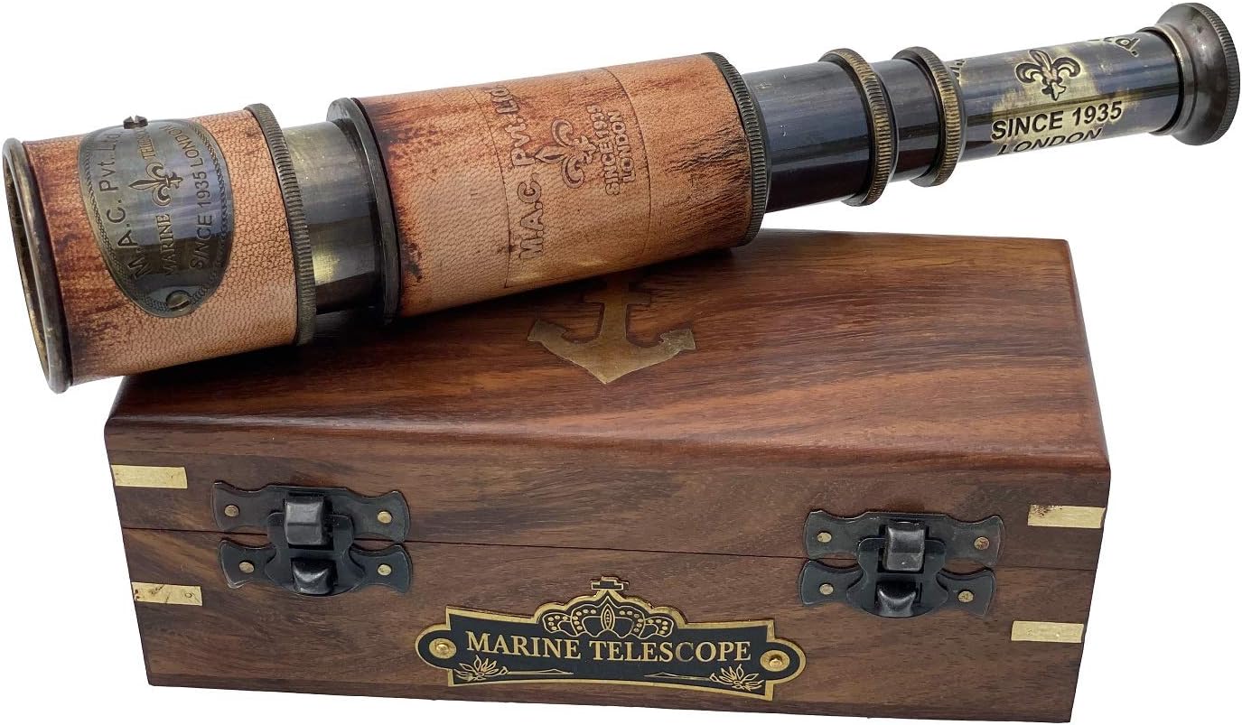 14 Inch Brass Spyglass with Wooden Box - Nautical Pirate Scope for Collectors