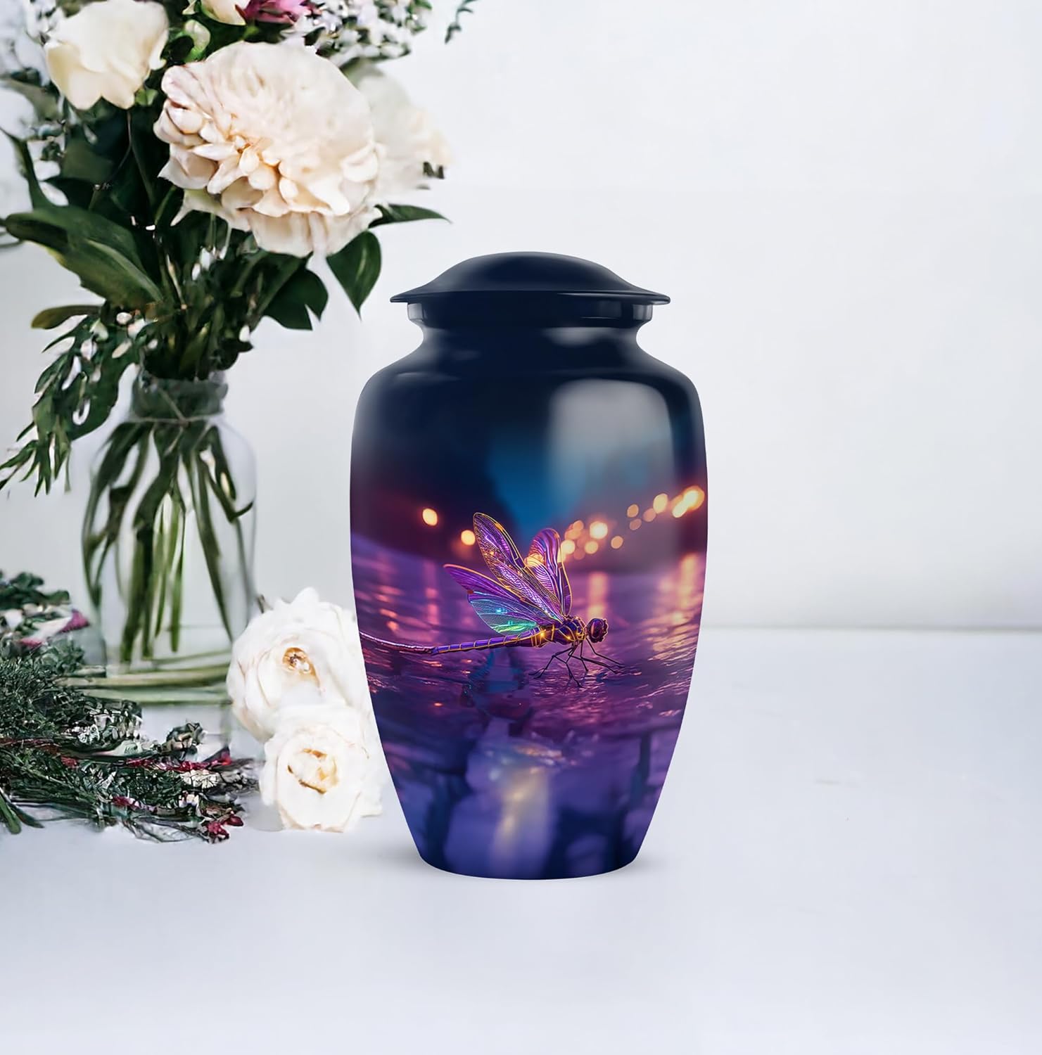 Dragonfly Memorial Urn for Adult Human Ashes Handcrafted Blue Purple Urn for Mom Dad 10 Inch