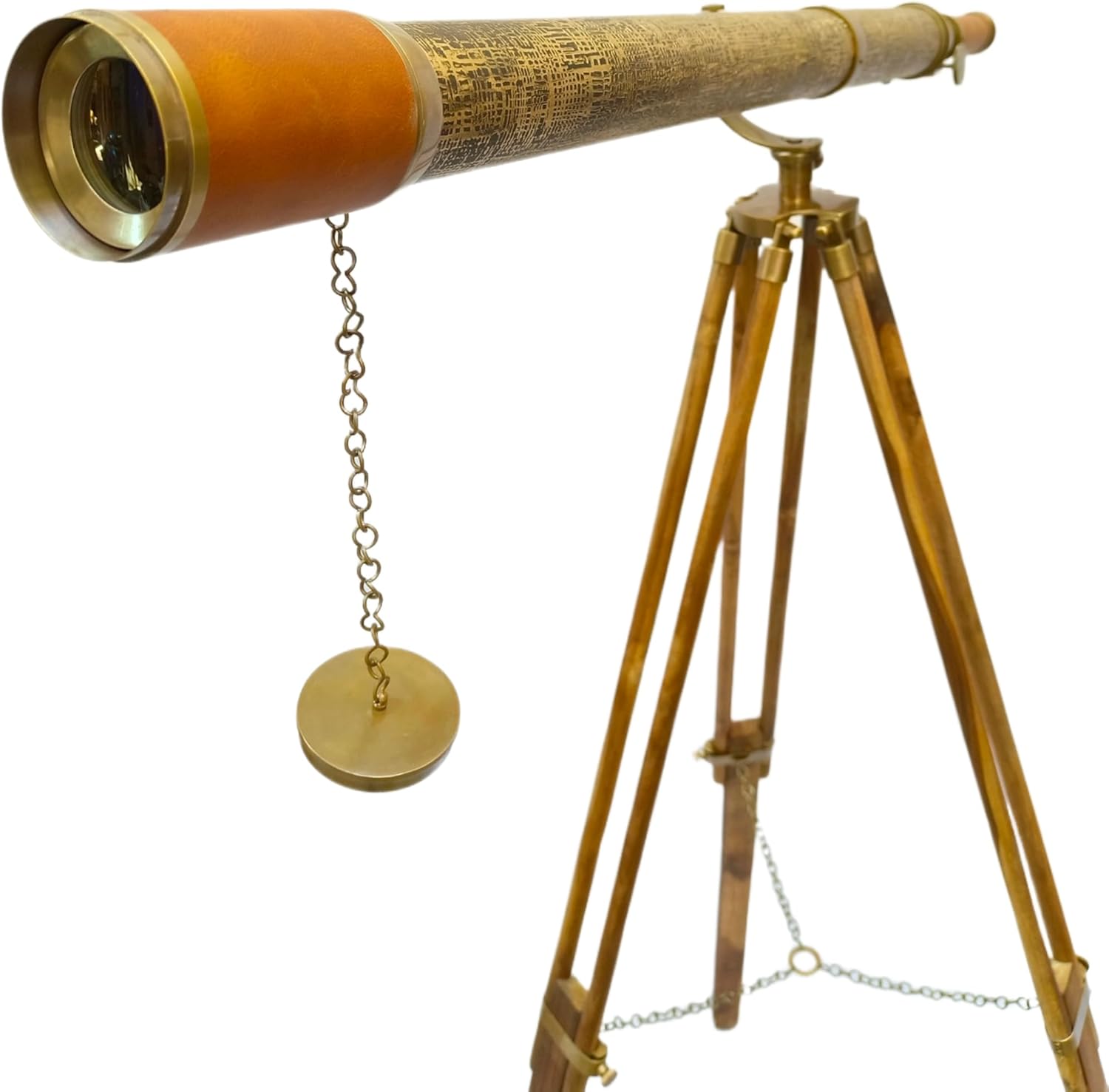 Nautical Vintage Solid Antique Brass Telescope with Leather Sheath and Wooden Tripod