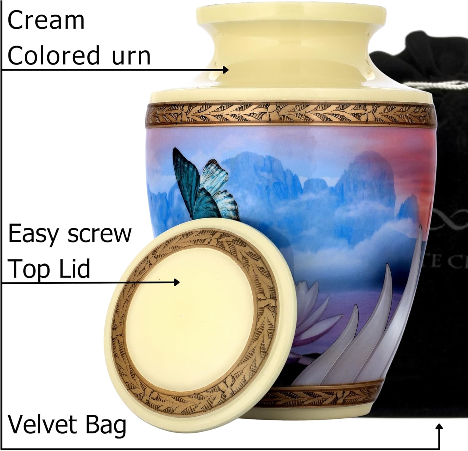 Women Butterfly Urn for Ashes 200 Cubic Inches Cream Metal Flower Design Velvet Bag Anti-Scratch Felt Bottom